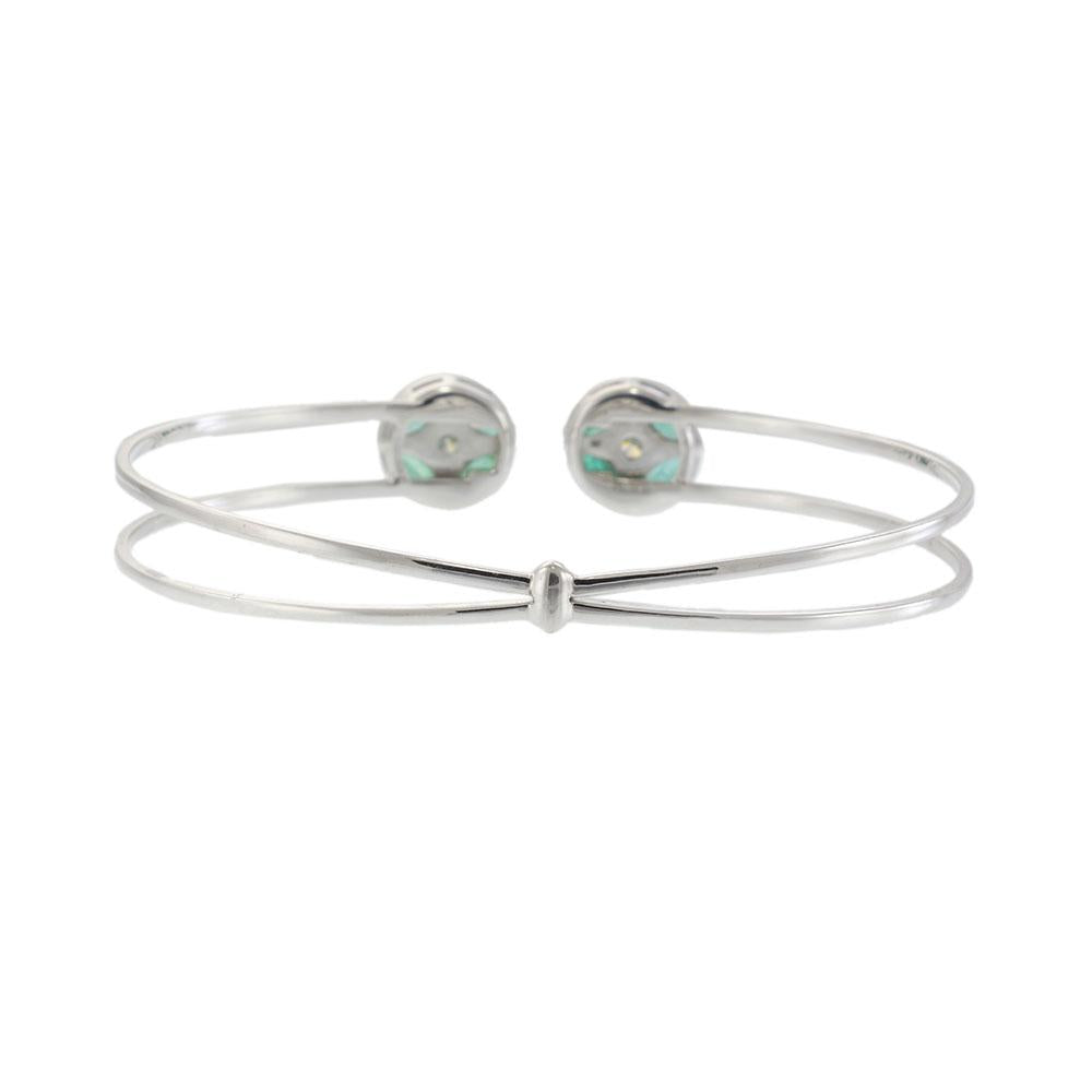 18KT White Gold Emerald and Diamond Open Bangle with Circular Cluster Accents