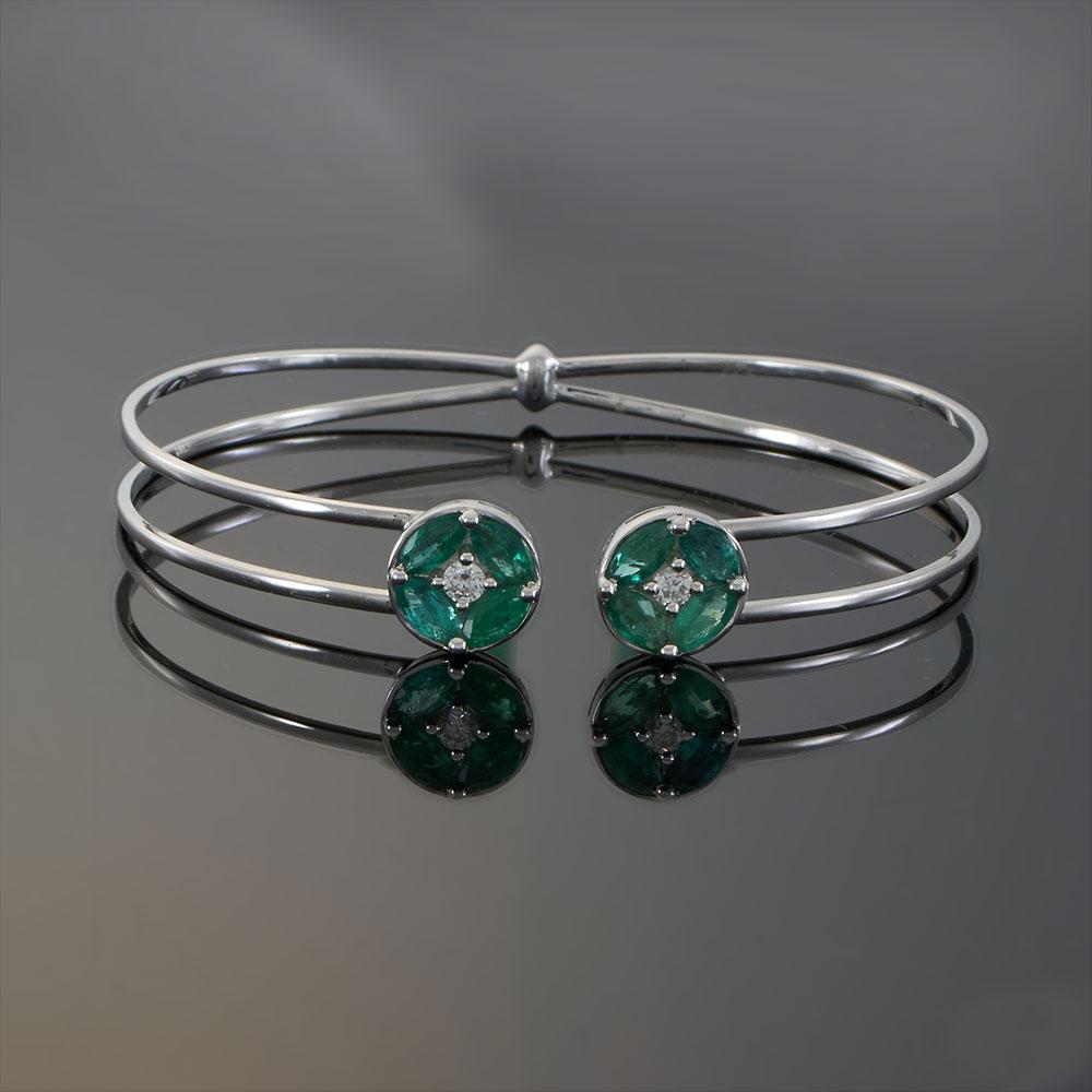 18KT White Gold Emerald and Diamond Open Bangle with Circular Cluster Accents