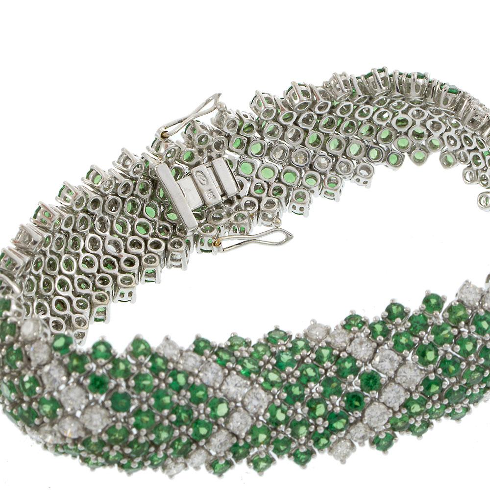 Vintage 18KT White Gold Chevron Mesh Bracelet with Tsavorites and Diamonds