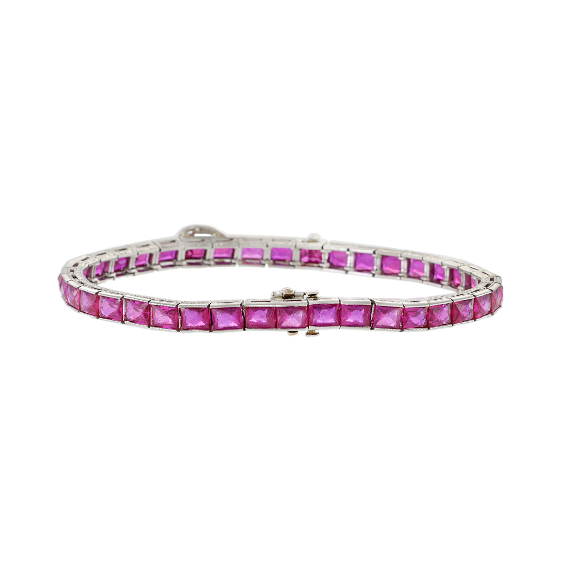 Estate Edwardian Era Platinum Diamond And Faceted Synthetic Ruby Buckle Bracelet