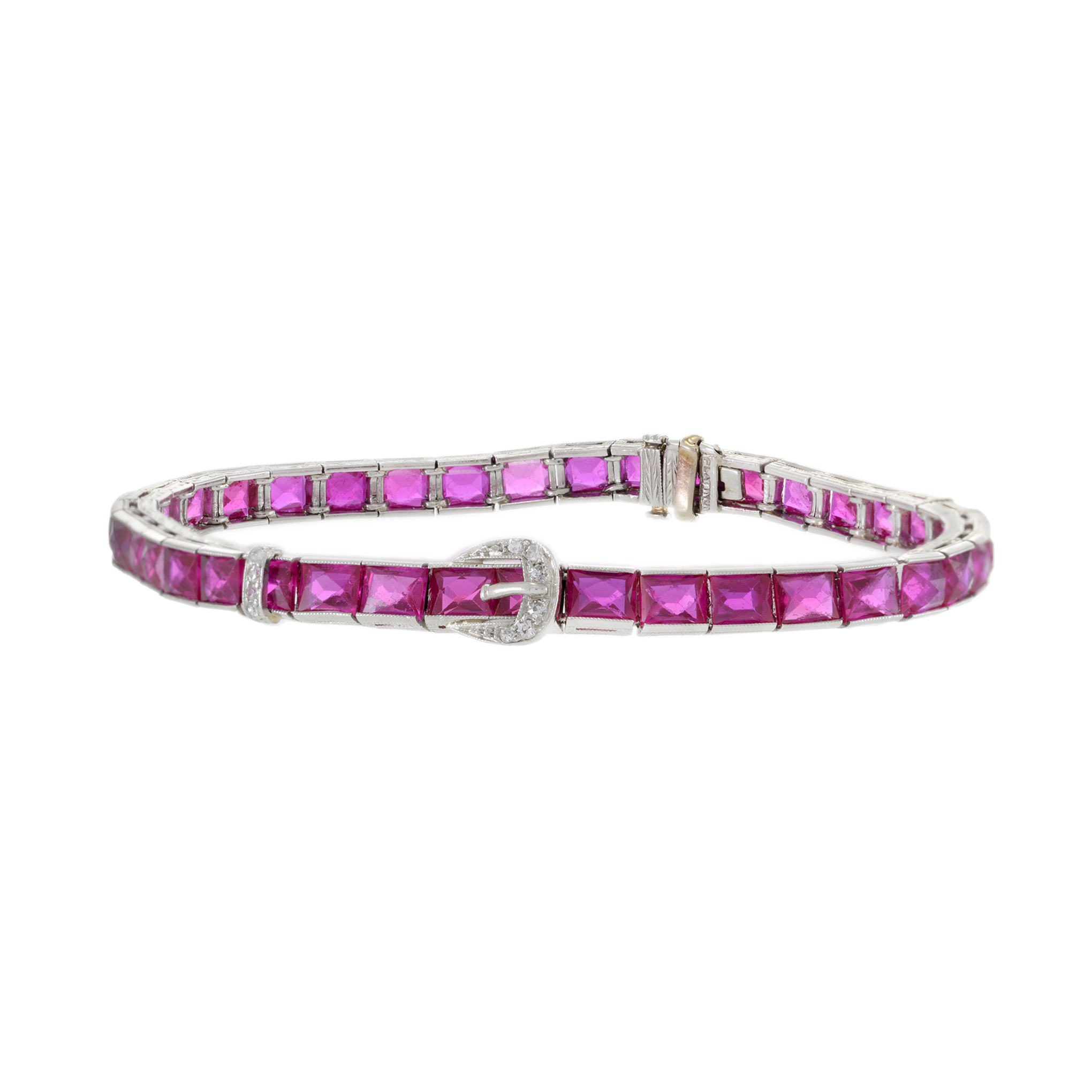 Estate Edwardian Era Platinum Diamond And Faceted Synthetic Ruby Buckle Bracelet