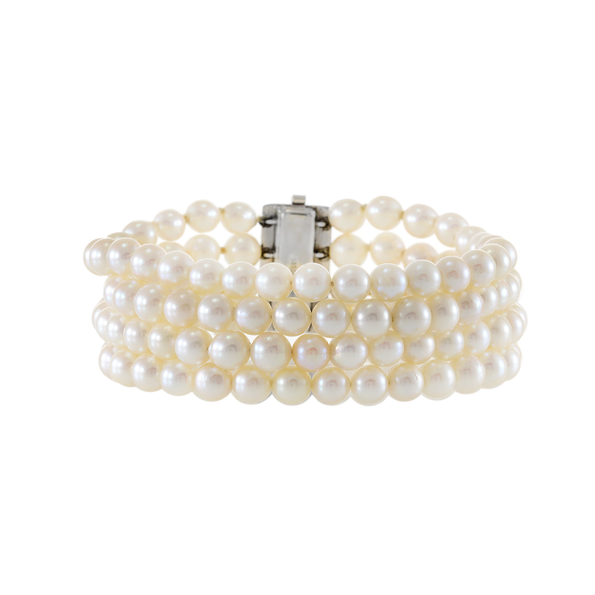 Vintage 14KT White Gold Four Strand Genuine Akoya Pearl Bracelet