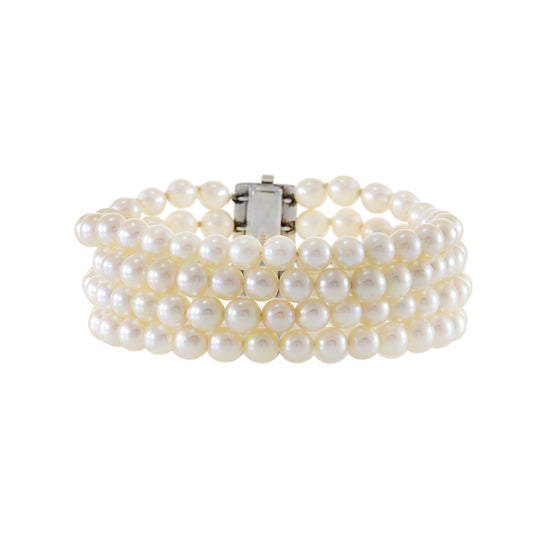 Vintage 14KT White Gold Four Strand Genuine Akoya Pearl Bracelet