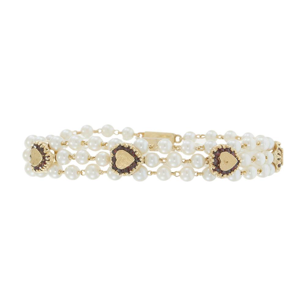 Vintage “Lucien Piccard” Triple Strand Pearl Bracelet with Garnet Hearts