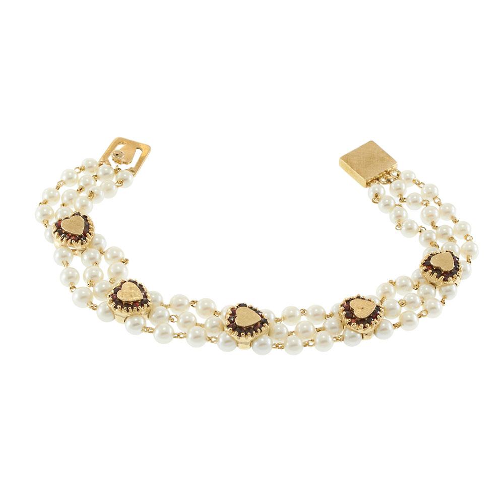 Vintage “Lucien Piccard” Triple Strand Pearl Bracelet with Garnet Hearts
