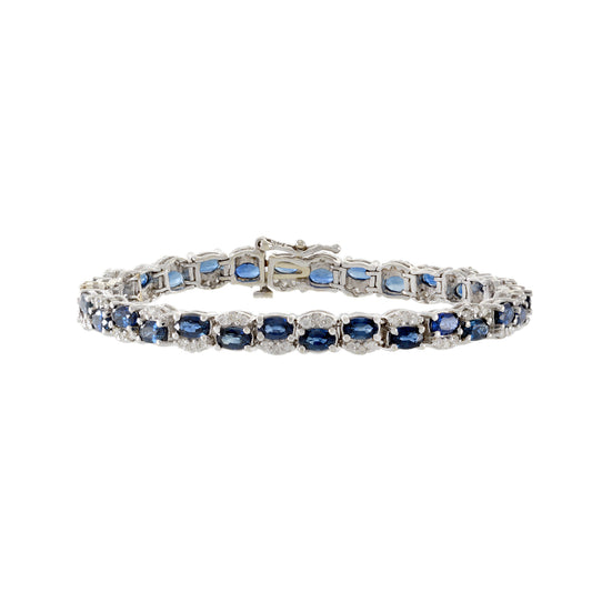 Estate 14KT White Gold Alternating Genuine Blue Sapphire And Diamond Bracelet