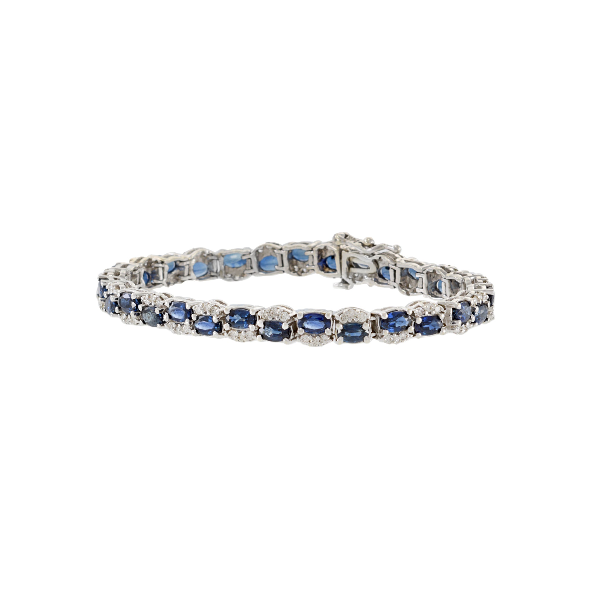 Estate 14KT White Gold Alternating Genuine Blue Sapphire And Diamond Bracelet