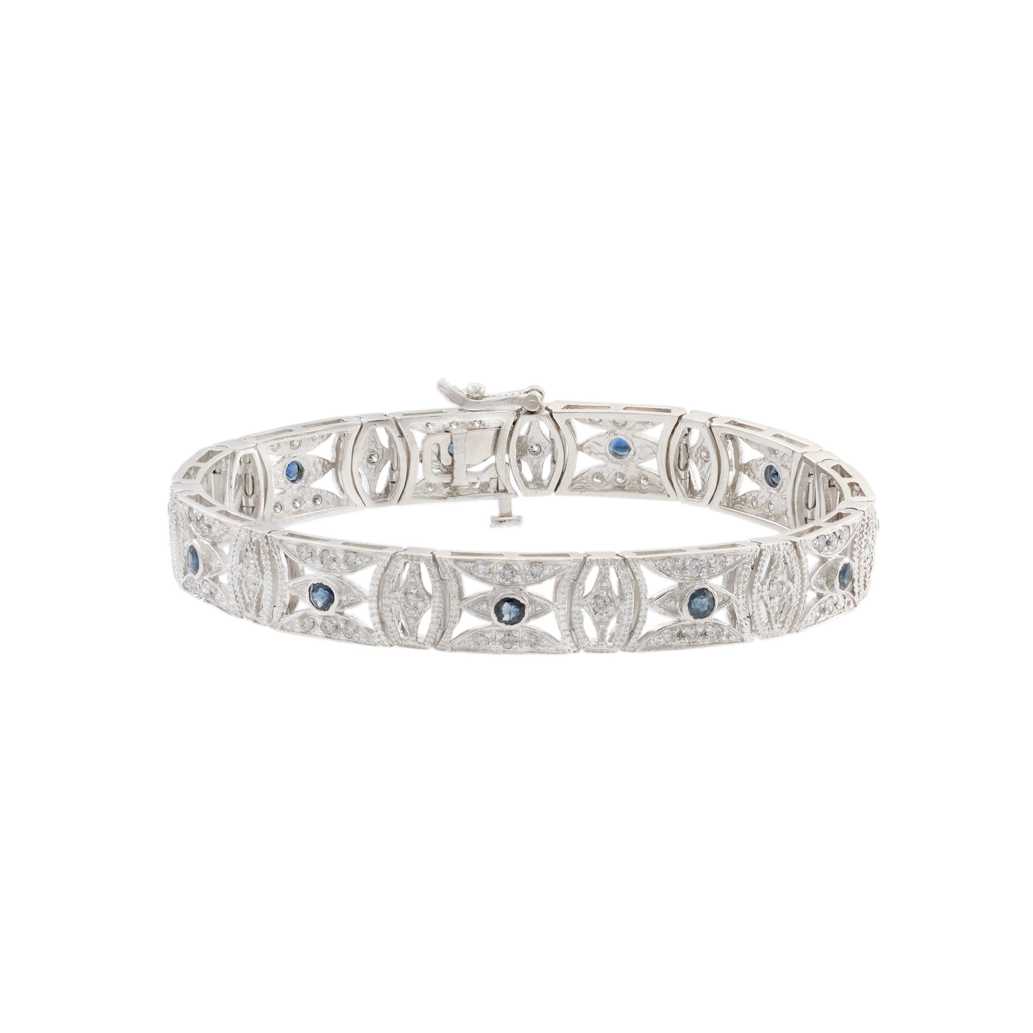 Estate 14KT White Gold Filigree Sapphire and Diamond Bracelet