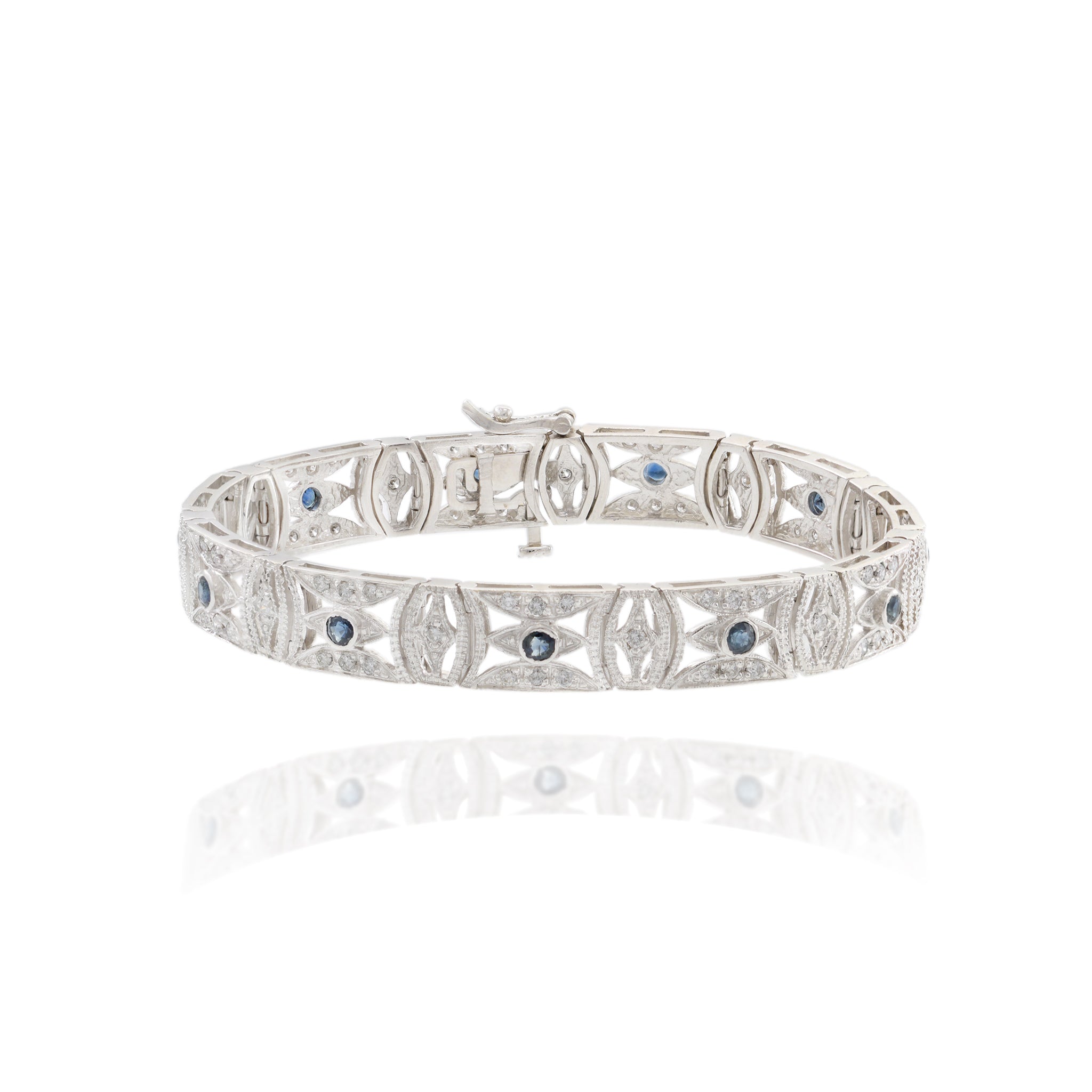 Estate 14KT White Gold Filigree Sapphire and Diamond Bracelet