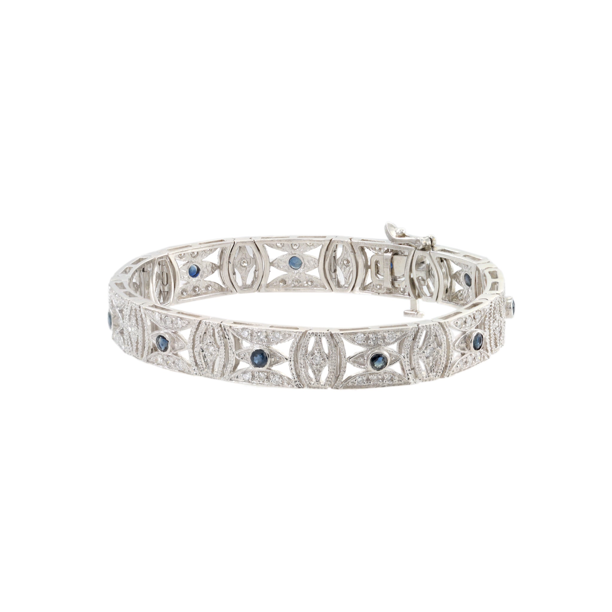 Estate 14KT White Gold Filigree Sapphire and Diamond Bracelet