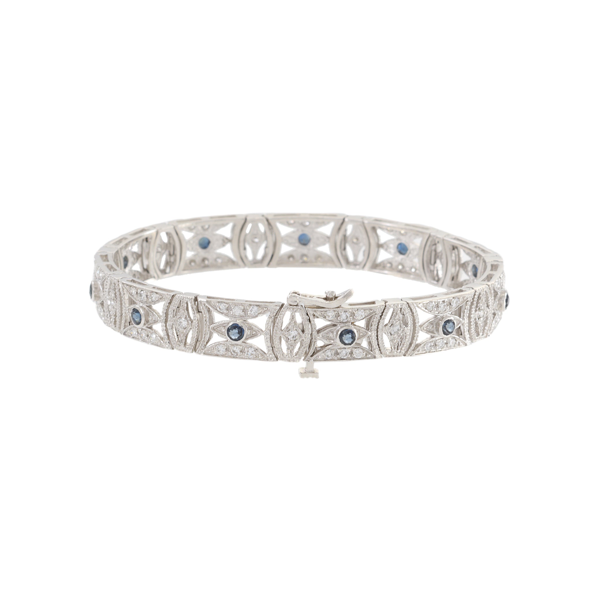 Estate 14KT White Gold Filigree Sapphire and Diamond Bracelet
