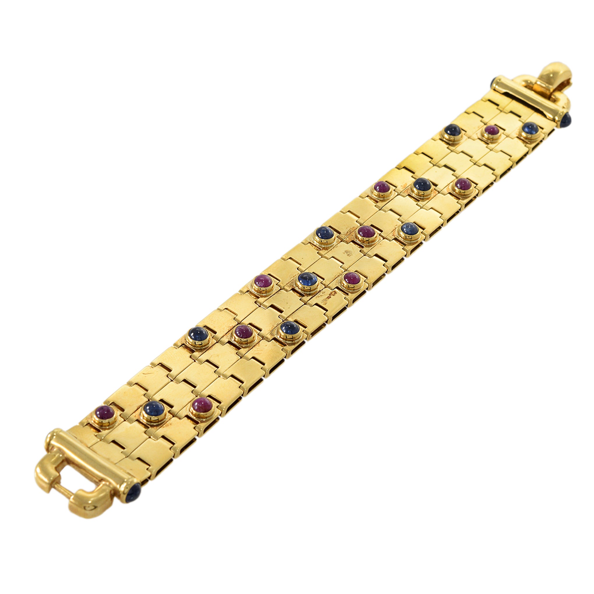 Retro Era 18KT Yellow Gold Cabochon Ruby and Blue Sapphire Bracelet
