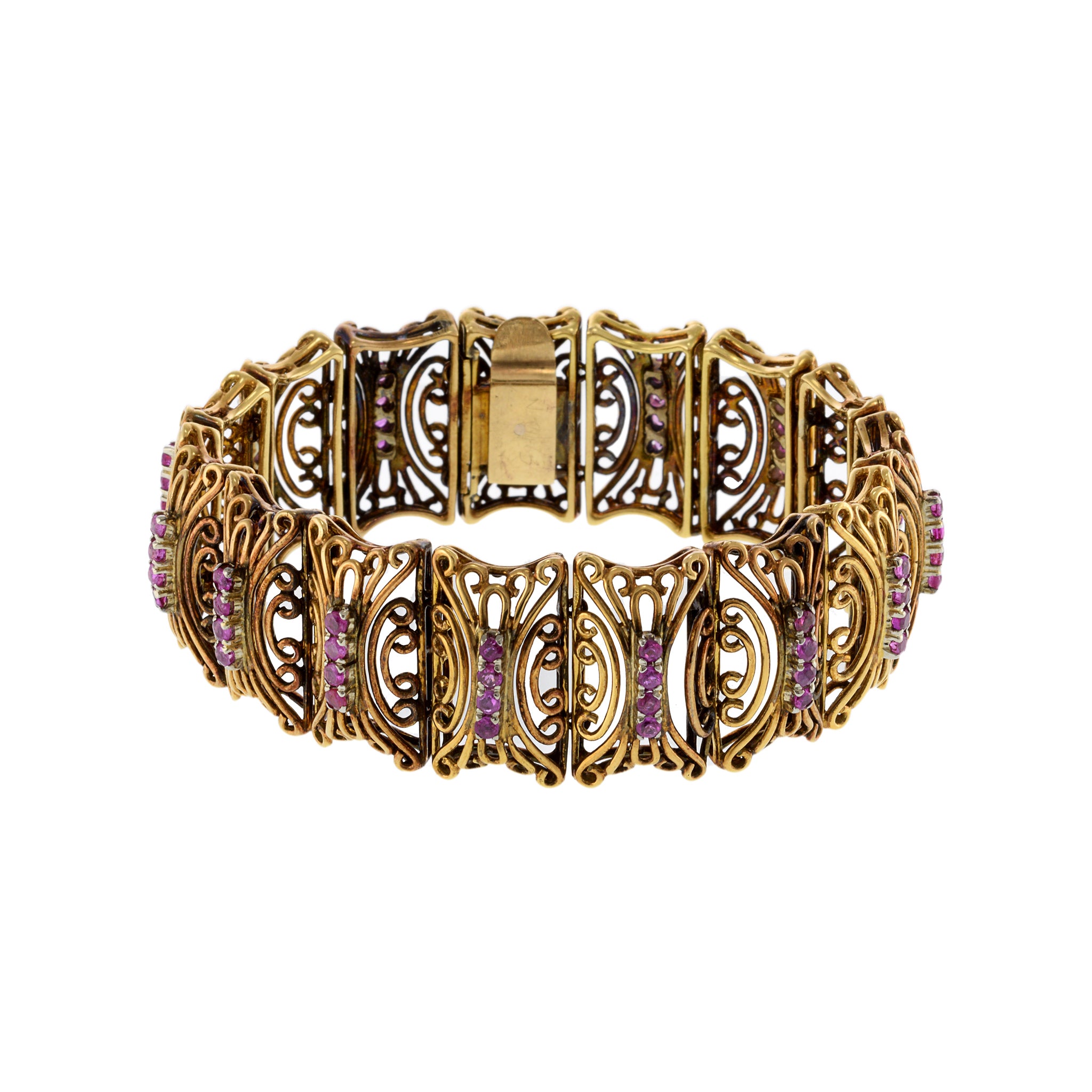 Vintage Victorian Era 18KT Yellow Gold and Round Cut Pink Sapphire Wide Bracelet