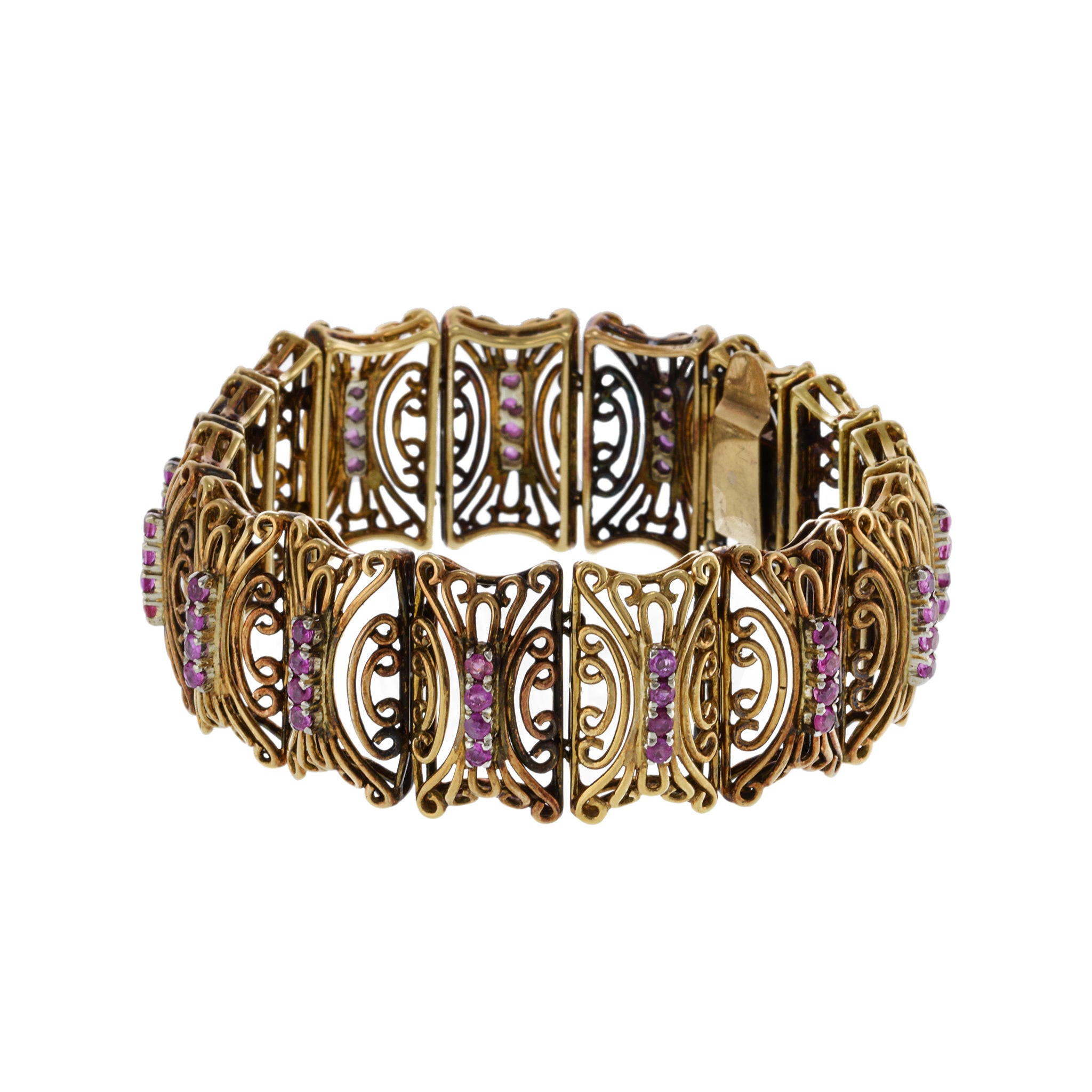 Vintage Victorian Era 18KT Yellow Gold and Round Cut Pink Sapphire Wide Bracelet