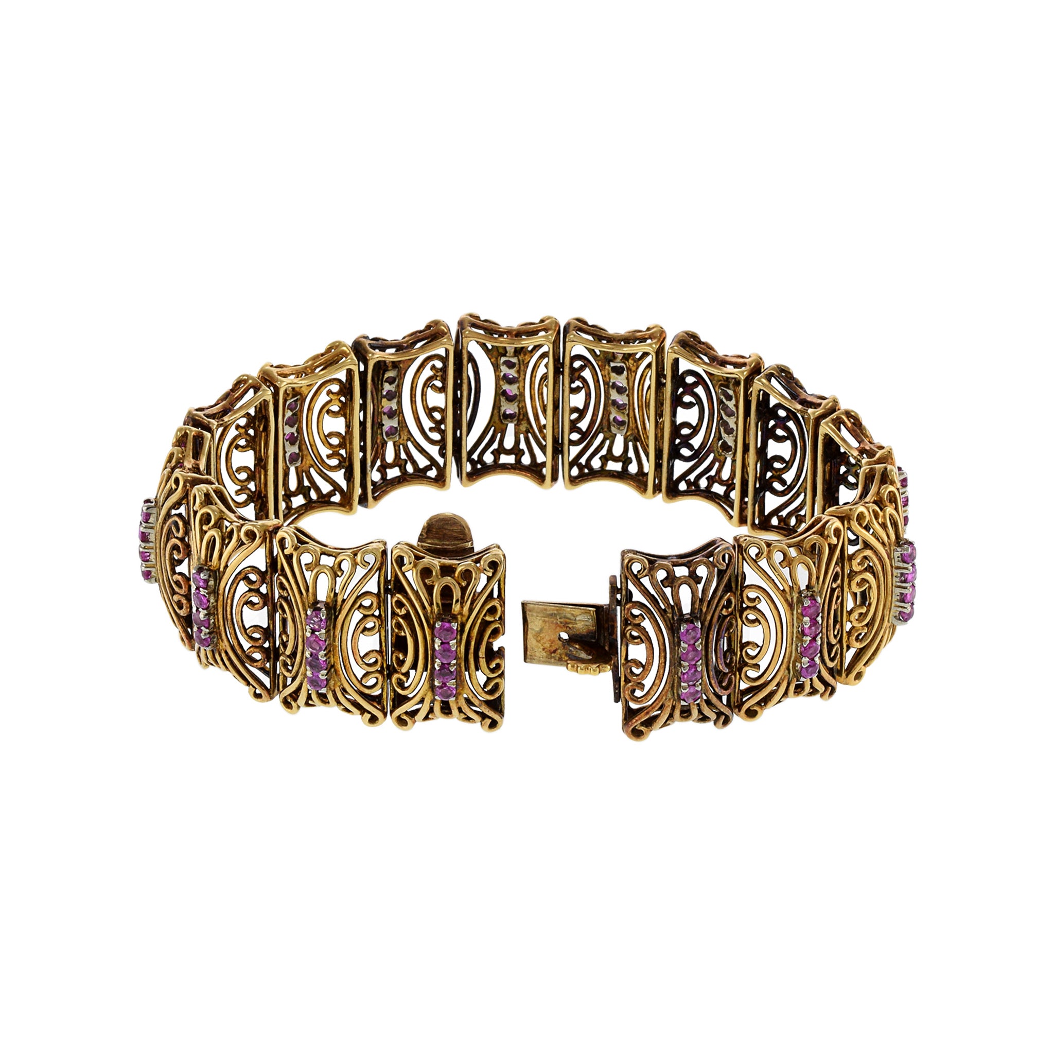 Vintage Victorian Era 18KT Yellow Gold and Round Cut Pink Sapphire Wide Bracelet