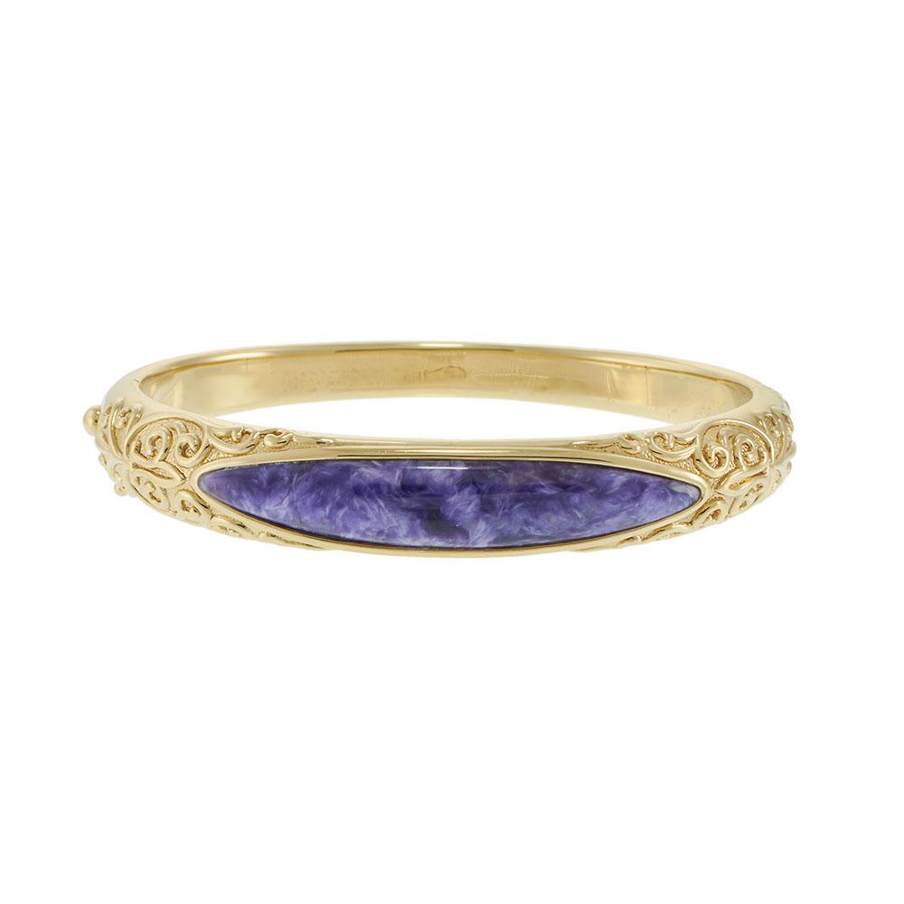 Vintage Yellow Gold Bangle with Scroll Design and Charoite Stone