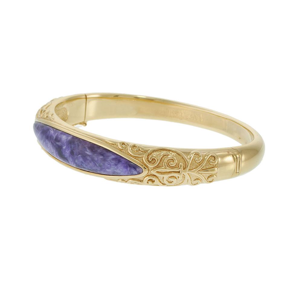 Vintage Yellow Gold Bangle with Scroll Design and Charoite Stone