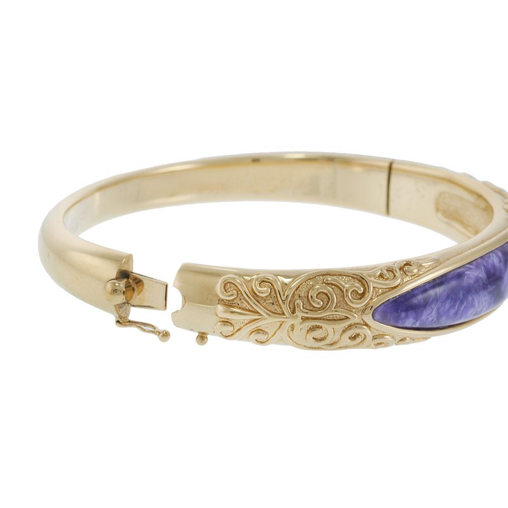 Vintage Yellow Gold Bangle with Scroll Design and Charoite Stone