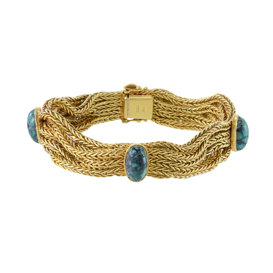 Vintage 1960s 18KT Yellow Gold 7 Strand Malachite Mesh Bracelet