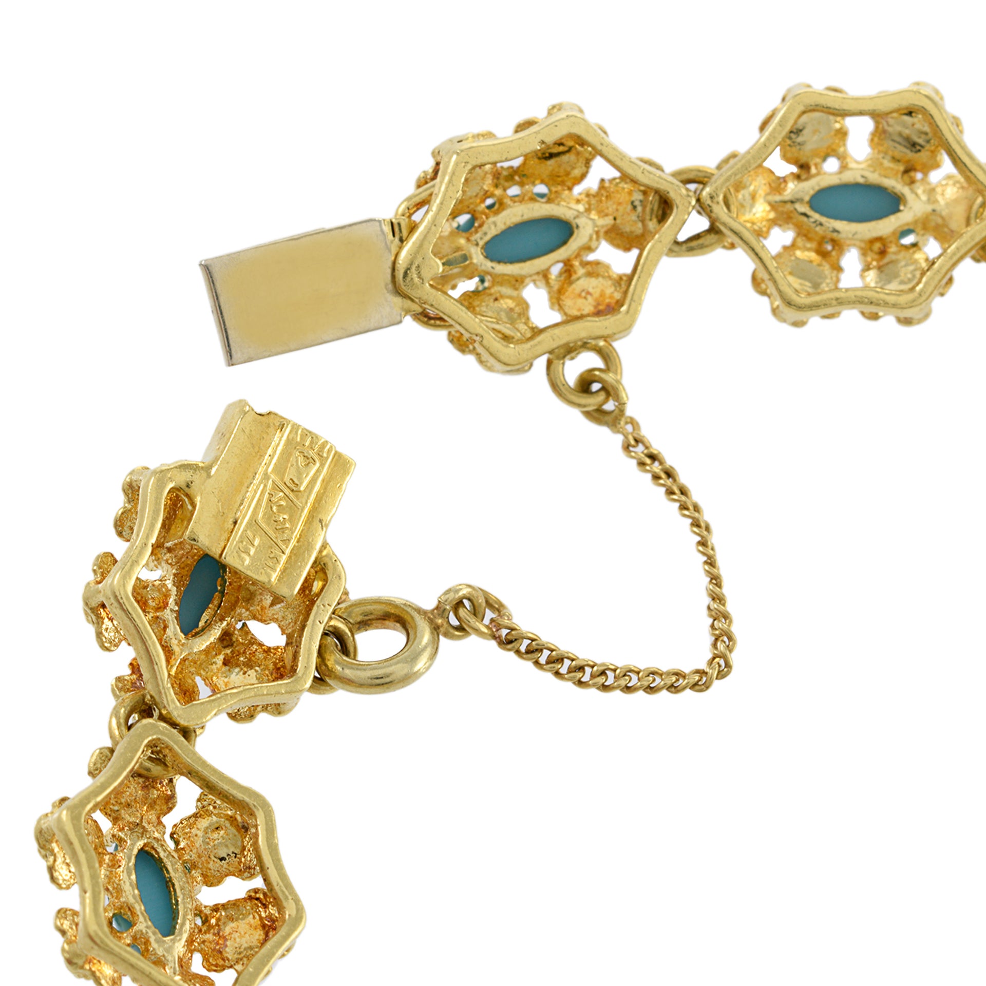 Vintage Retro Era 18KT Yellow Gold Italian Floral Marquise Cut Turquoise Bracelet