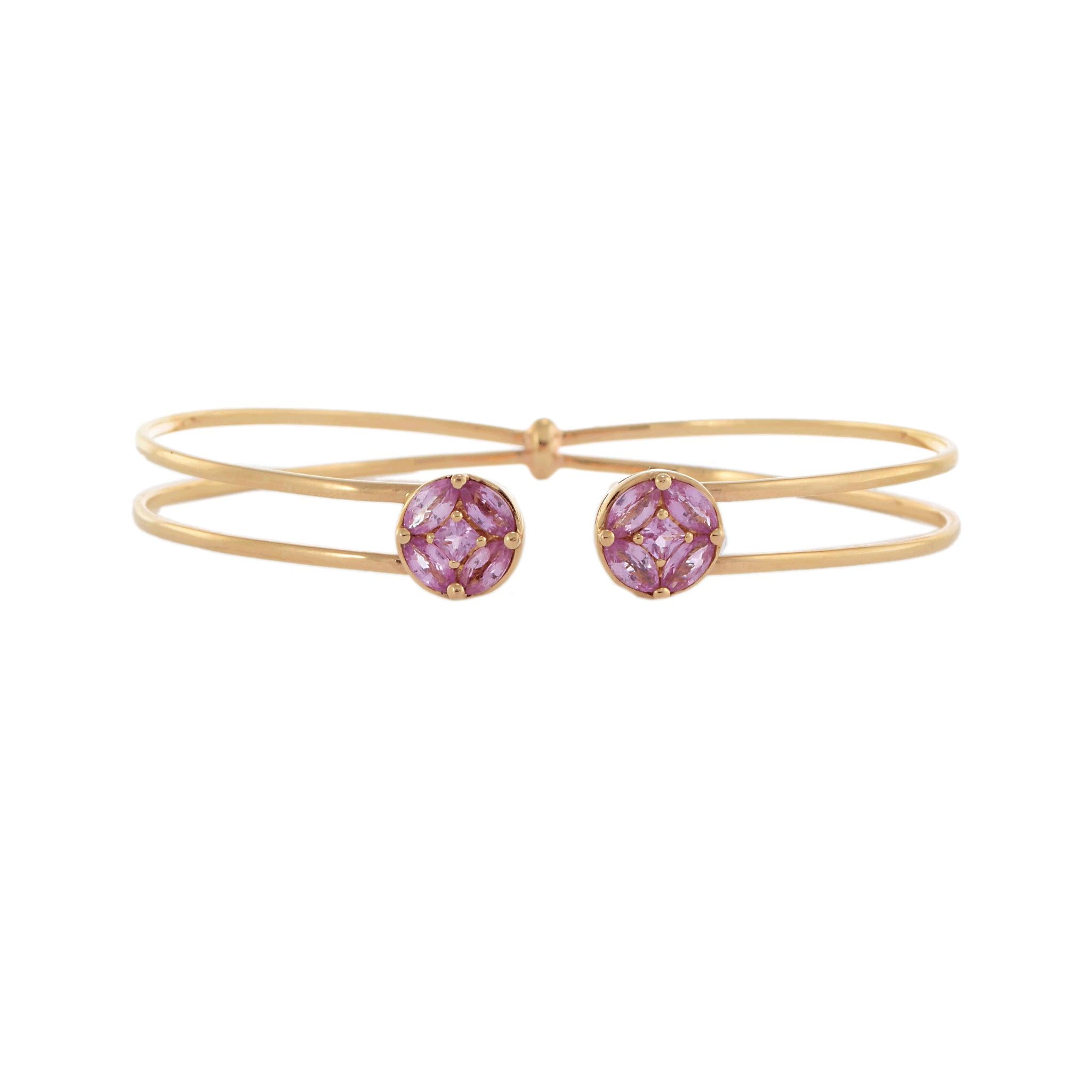 14KT Yellow Gold Pink Sapphire Cluster Open Bangle Bracelet