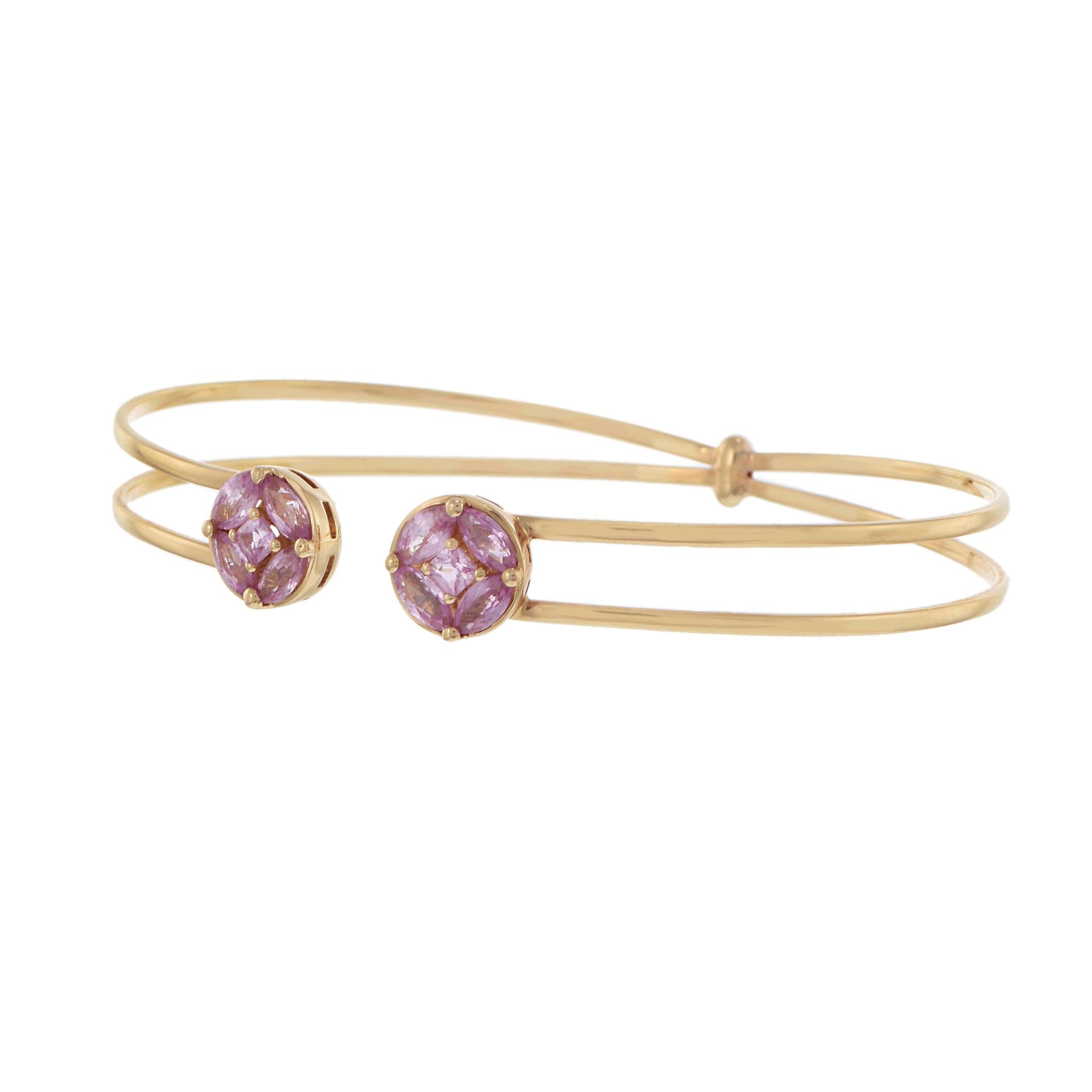 14KT Yellow Gold Pink Sapphire Cluster Open Bangle Bracelet