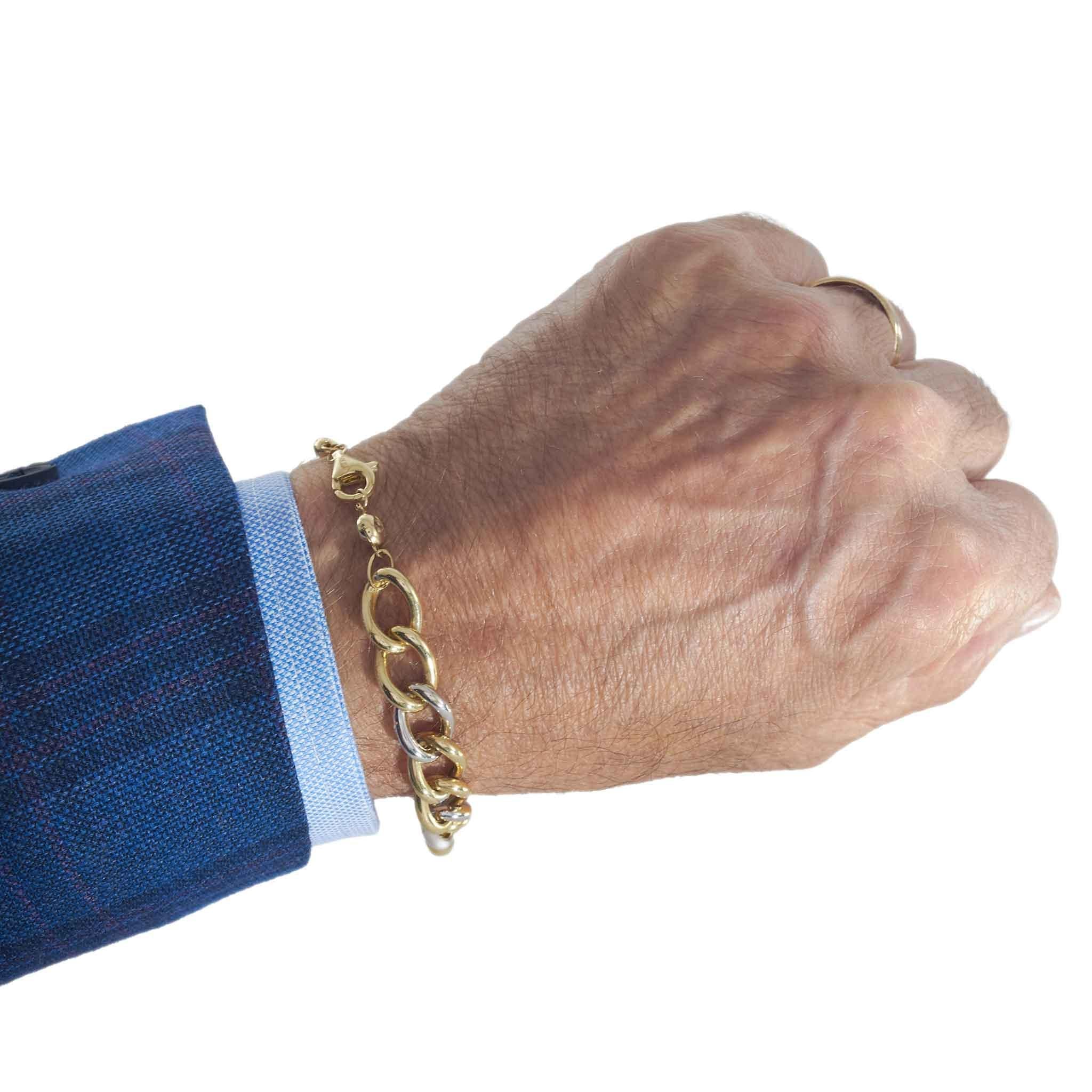 14KT Two-Tone Gold Curb Link Bracelet with Diamond-Cut Bead Clasp