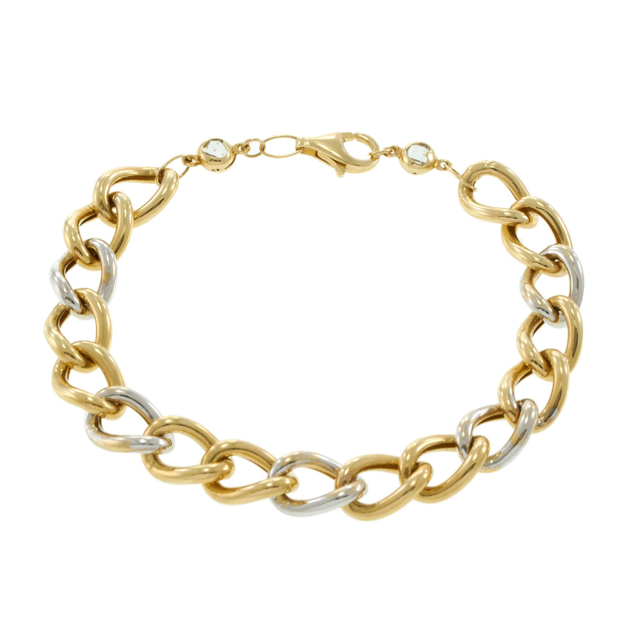 14KT Two-Tone Gold Curb Link Bracelet with Diamond-Cut Bead Clasp