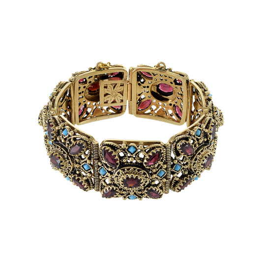 Victorian Era 14KT Yellow Gold Garnet And Turquoise Wide Section Bracelet