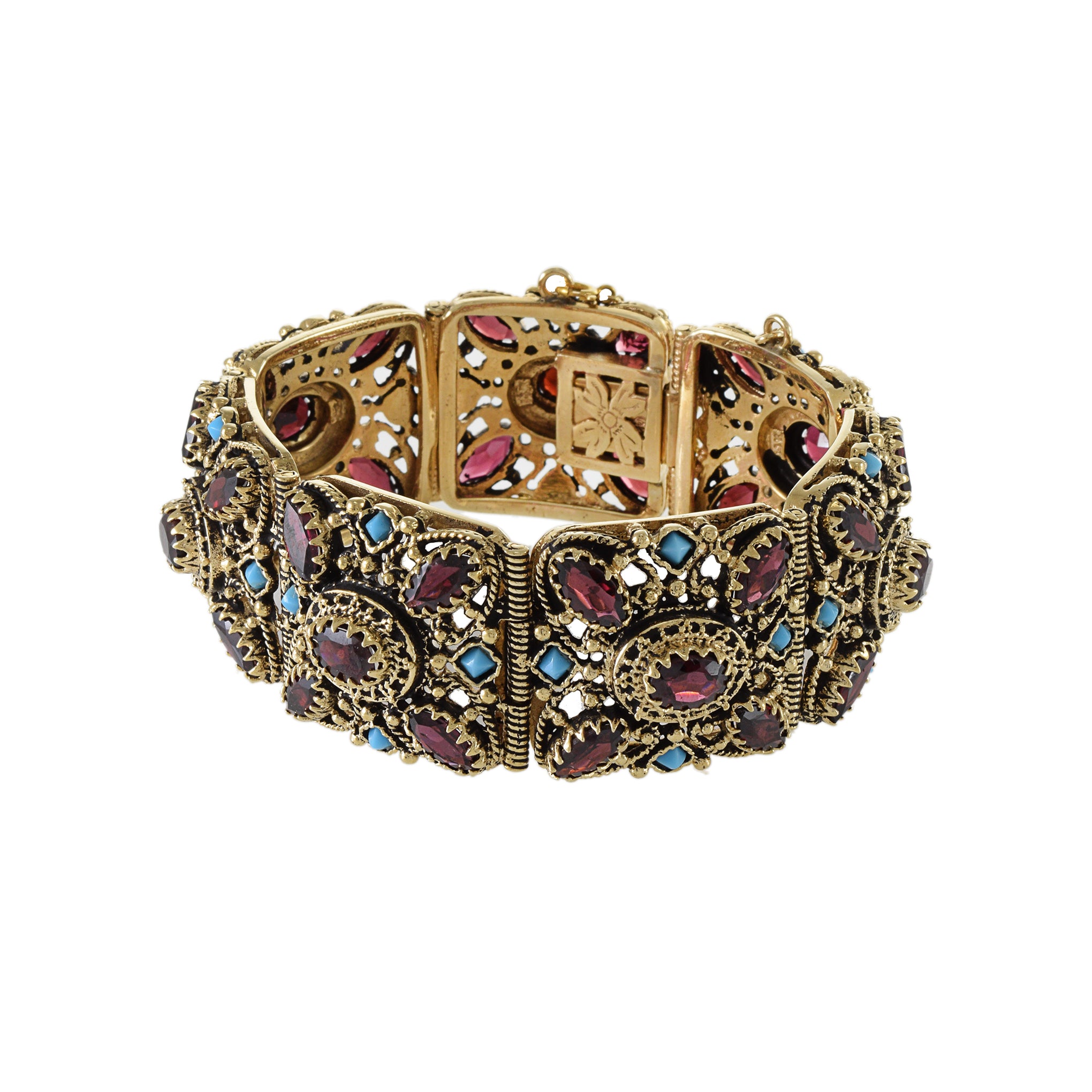 Victorian Era 14KT Yellow Gold Garnet And Turquoise Wide Section Bracelet