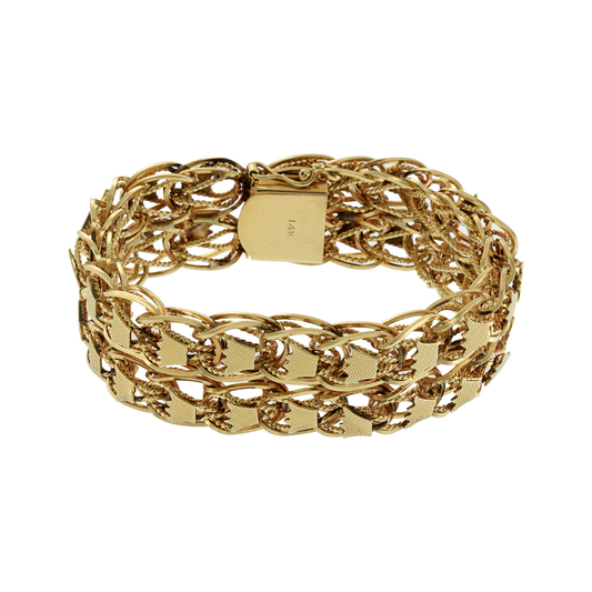 Vintage Circa 1970's 14KT Yellow Gold Double Row Wire Mesh and Crowns Bracelet