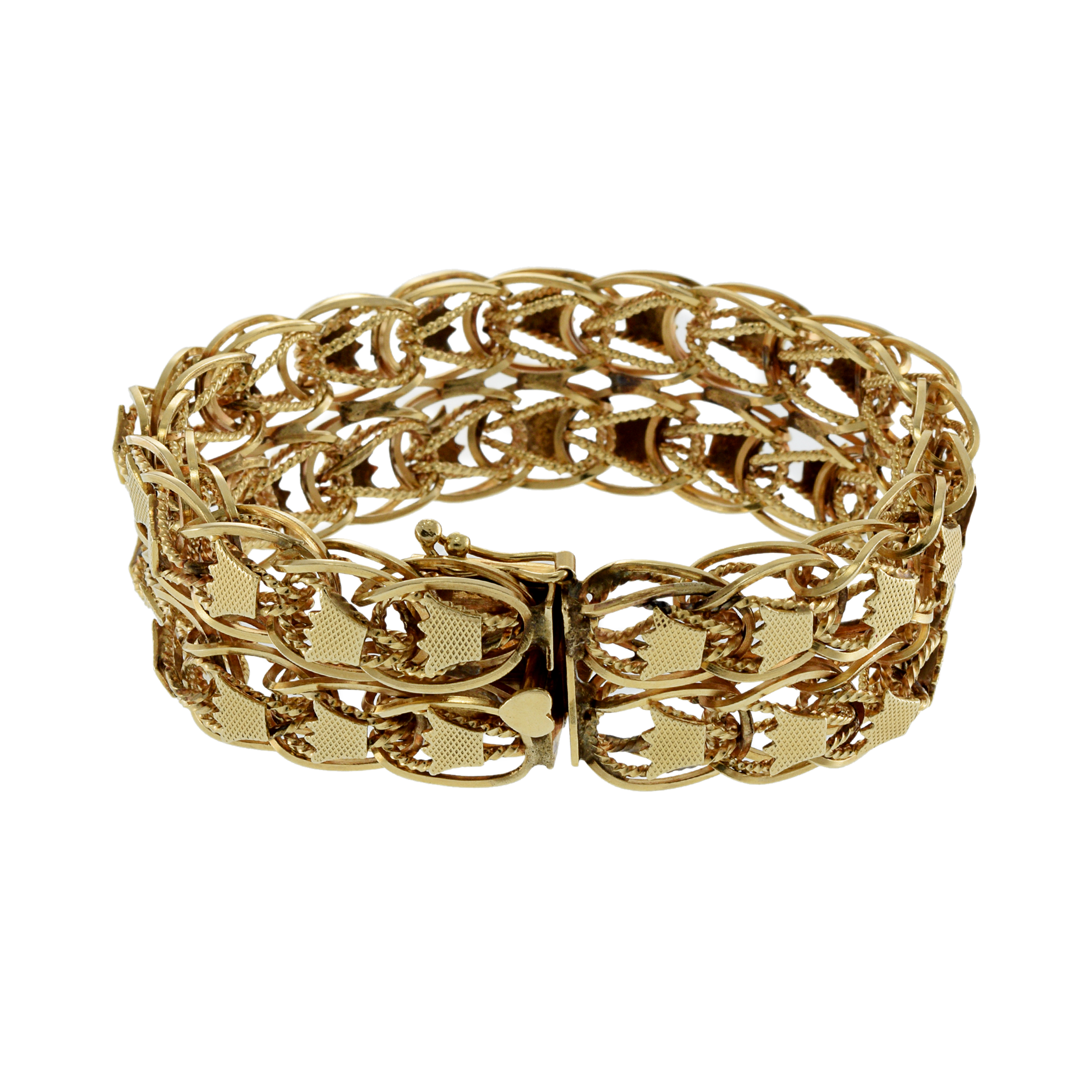 Vintage Circa 1970's 14KT Yellow Gold Double Row Wire Mesh and Crowns Bracelet