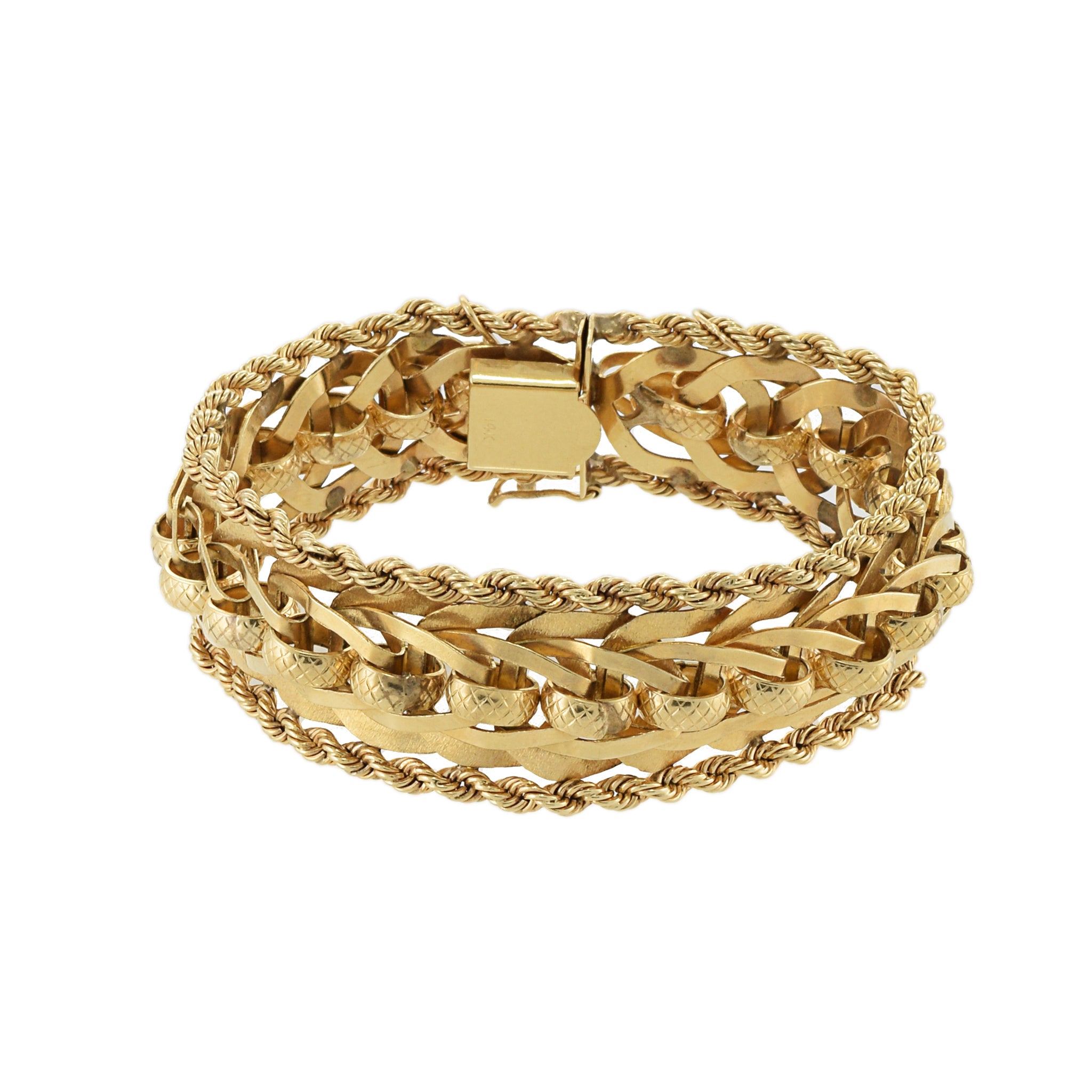 Vintage Retro 14KT Yellow Gold Mesh Loop Bracelet with Rope Sides