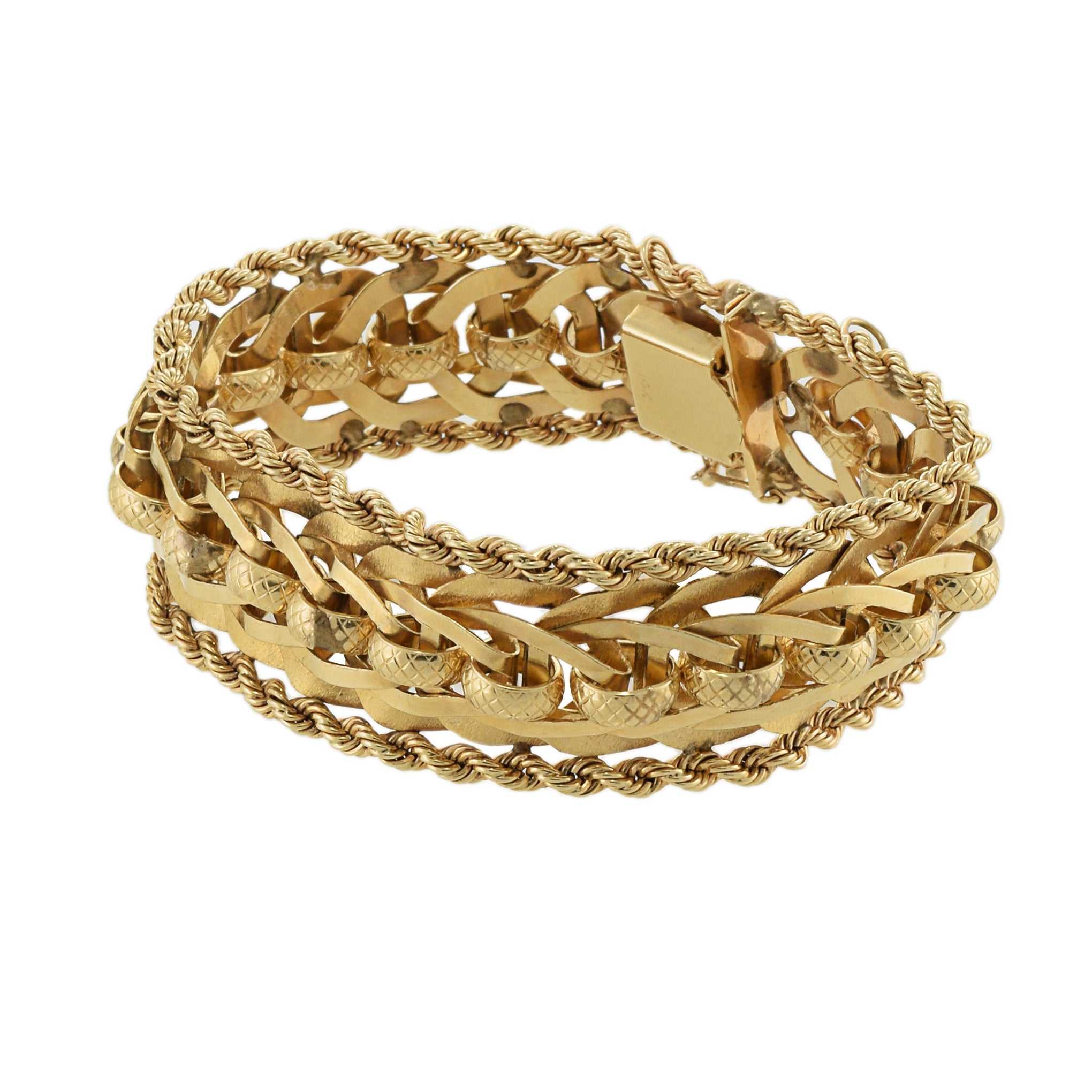 Vintage Retro 14KT Yellow Gold Mesh Loop Bracelet with Rope Sides