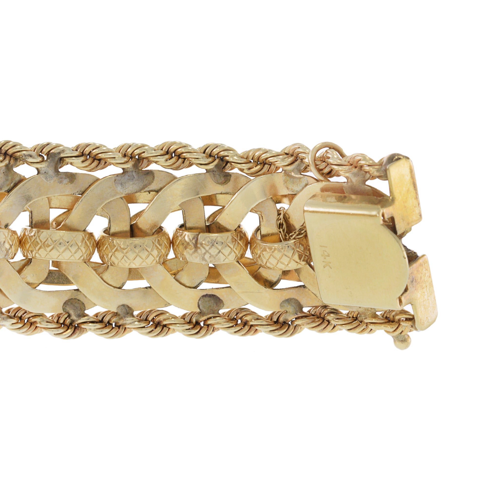 Vintage Retro 14KT Yellow Gold Mesh Loop Bracelet with Rope Sides