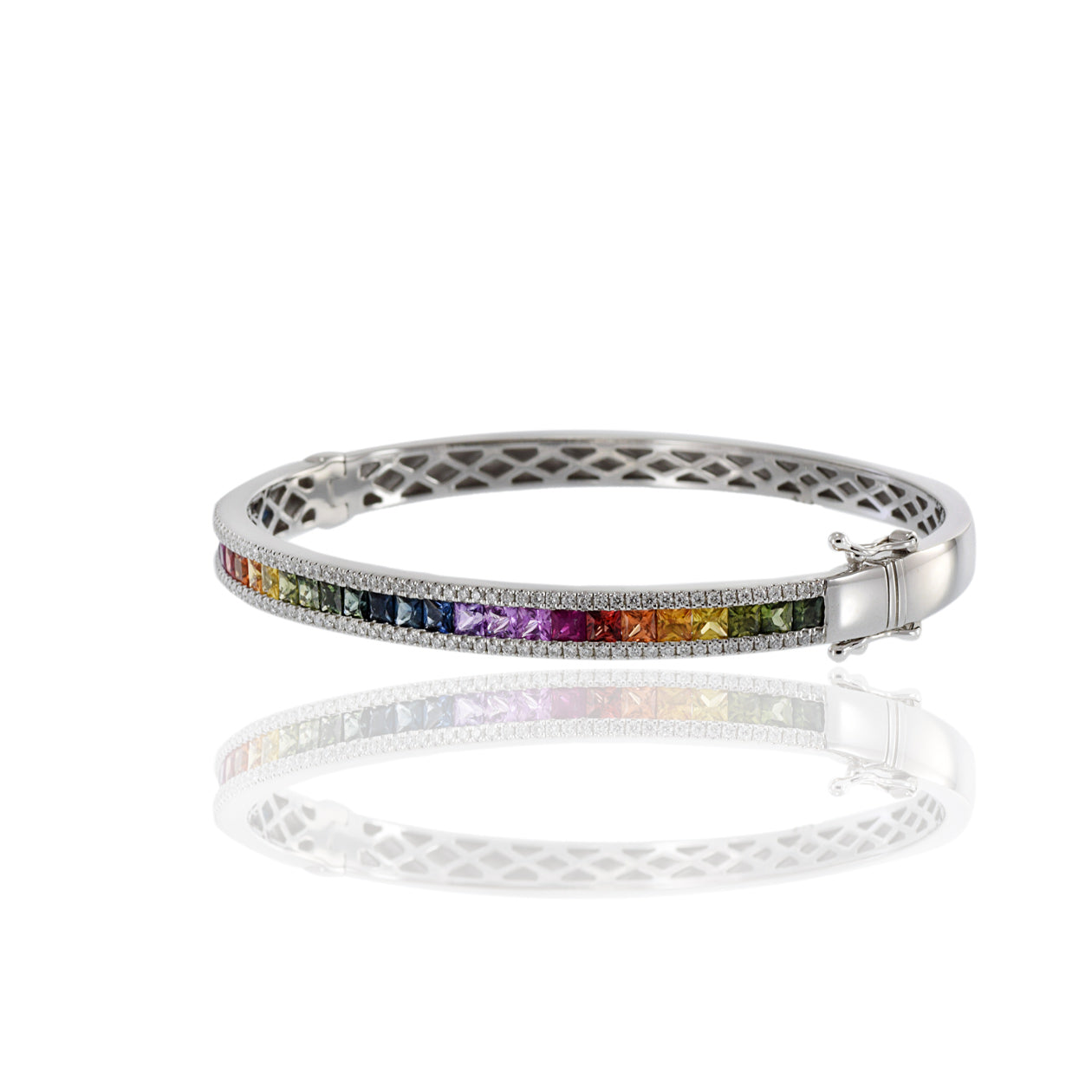 14KT White Gold Multi Color Sapphire And Diamond Bangle Bracelet