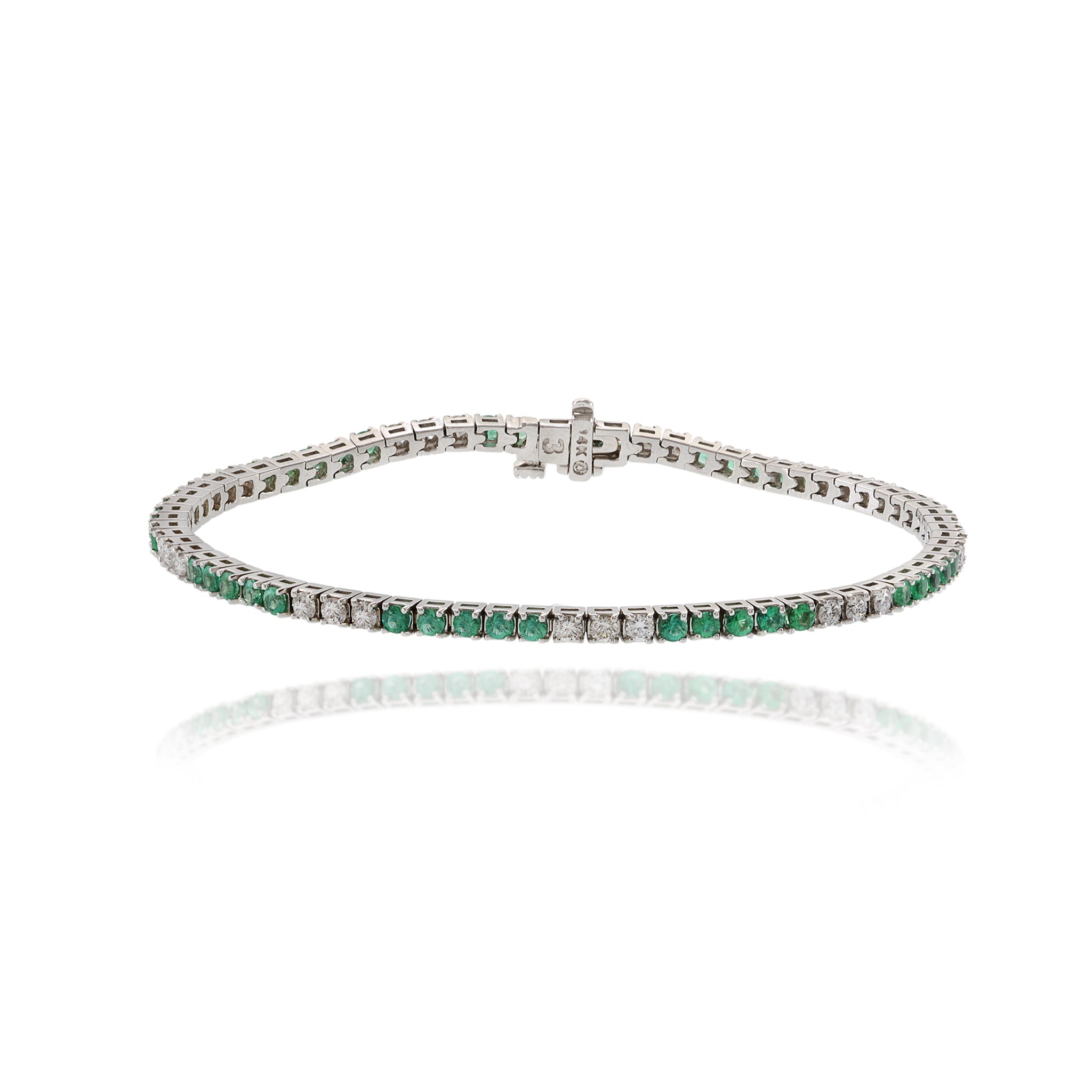 14KT White Gold Alternating Emerald And Diamond Straight Line Bracelet