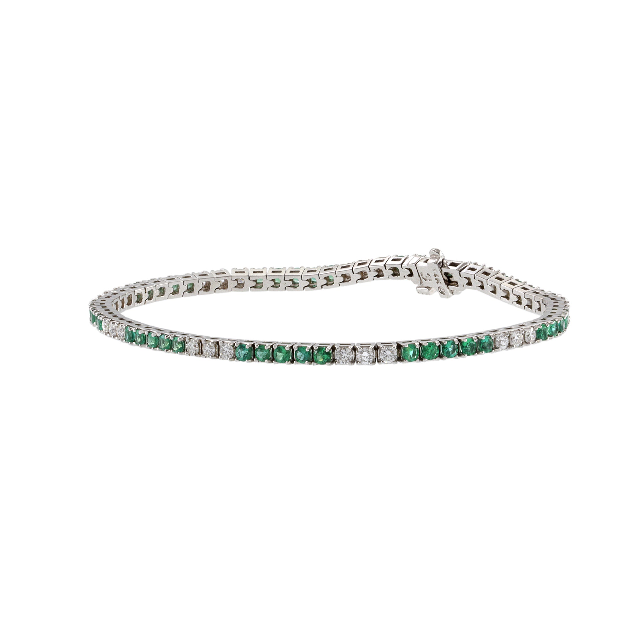 14KT White Gold Alternating Emerald And Diamond Straight Line Bracelet