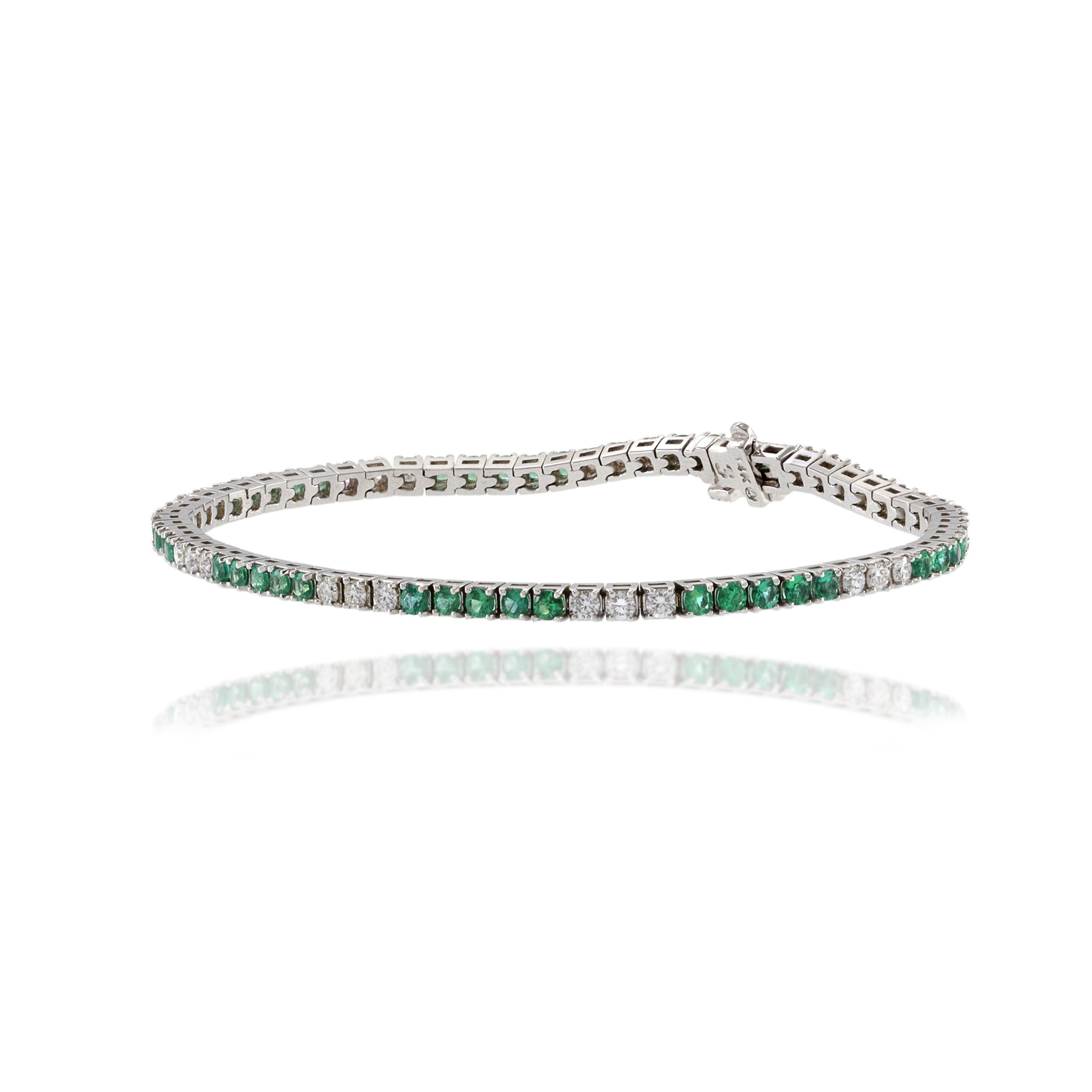 14KT White Gold Alternating Emerald And Diamond Straight Line Bracelet