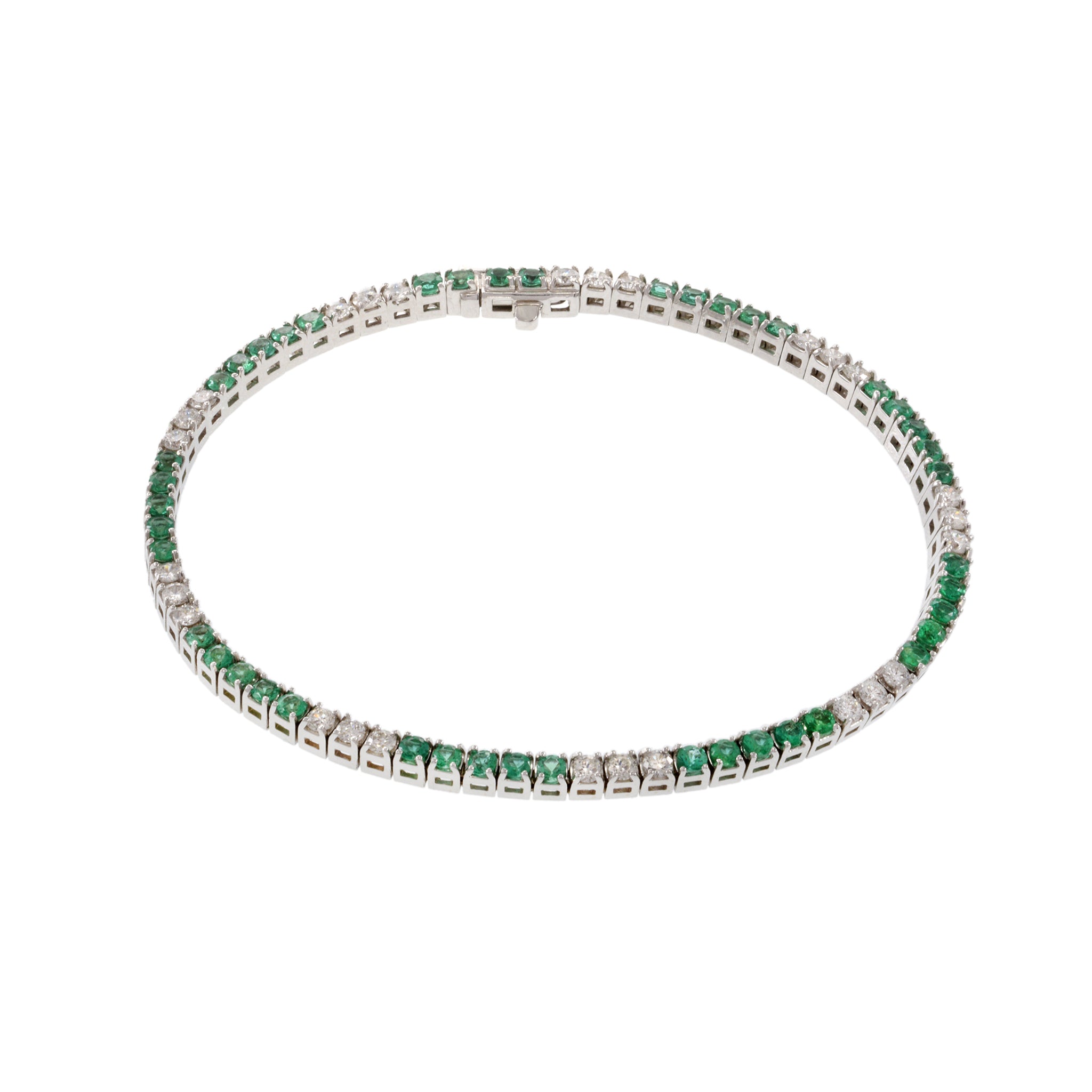 14KT White Gold Alternating Emerald And Diamond Straight Line Bracelet