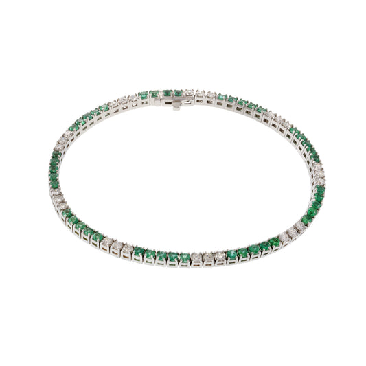 14KT White Gold Alternating Emerald And Diamond Straight Line Bracelet