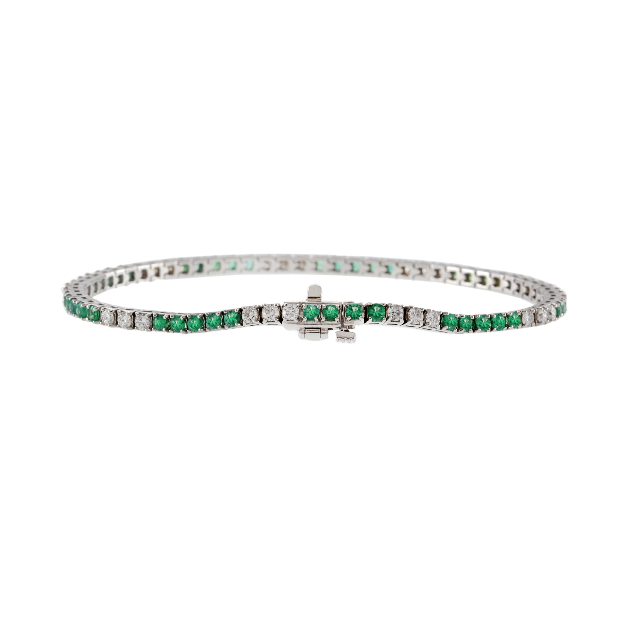 14KT White Gold Alternating Emerald And Diamond Straight Line Bracelet