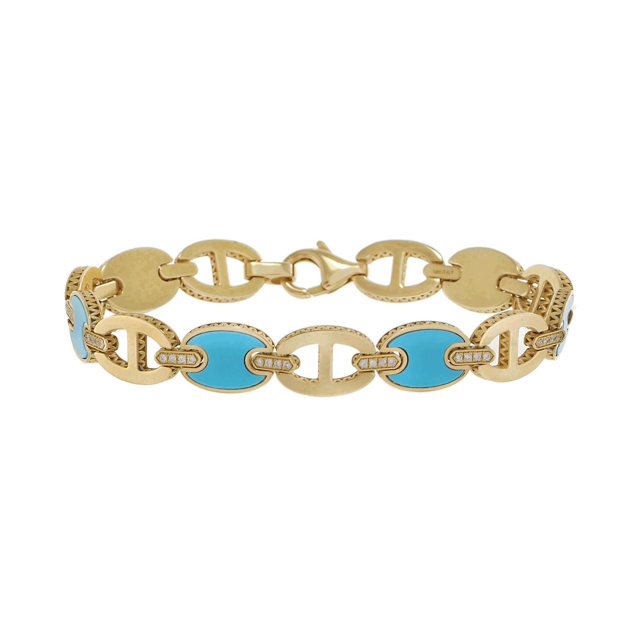 14KT Yellow Gold Turquoise and Diamond Oval Link Bracelet