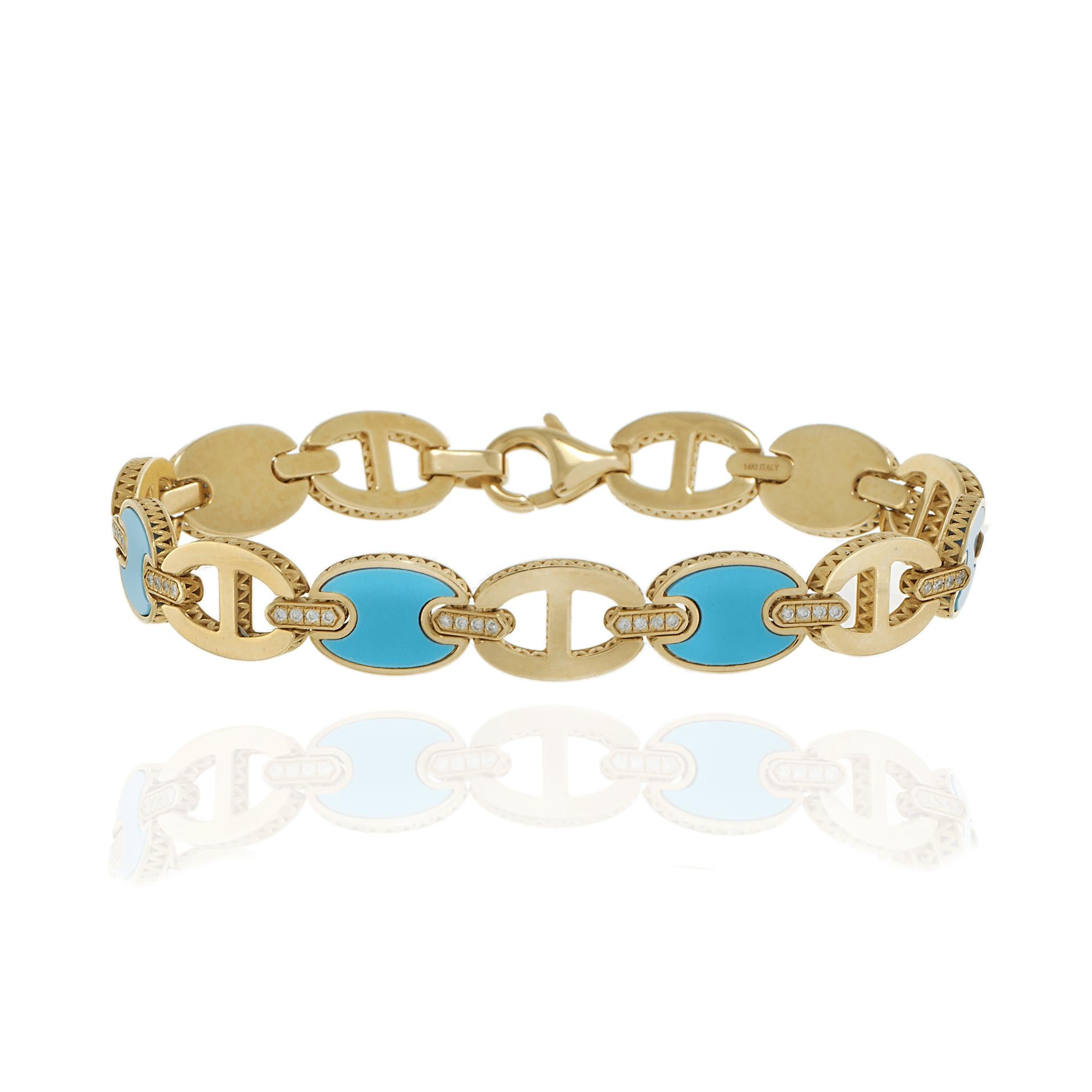 14KT Yellow Gold Turquoise and Diamond Oval Link Bracelet