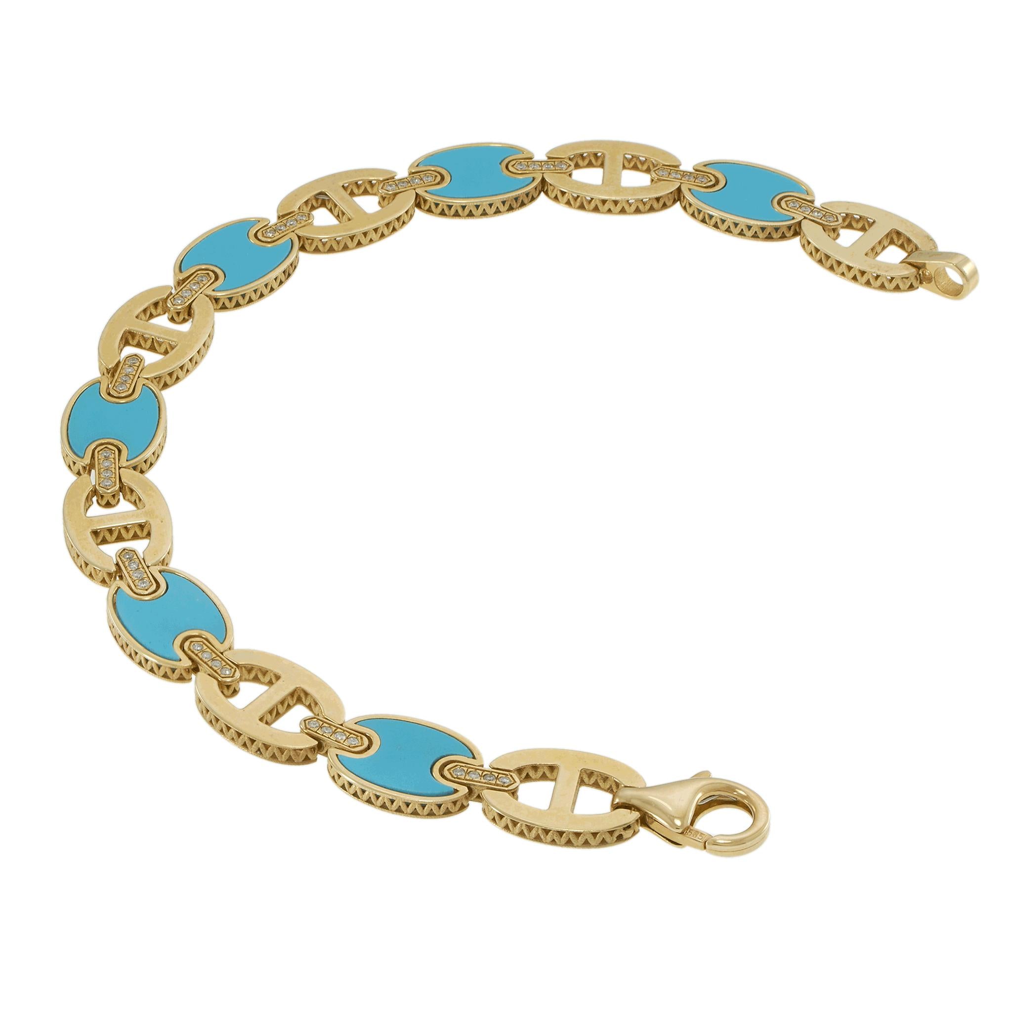 14KT Yellow Gold Turquoise and Diamond Oval Link Bracelet