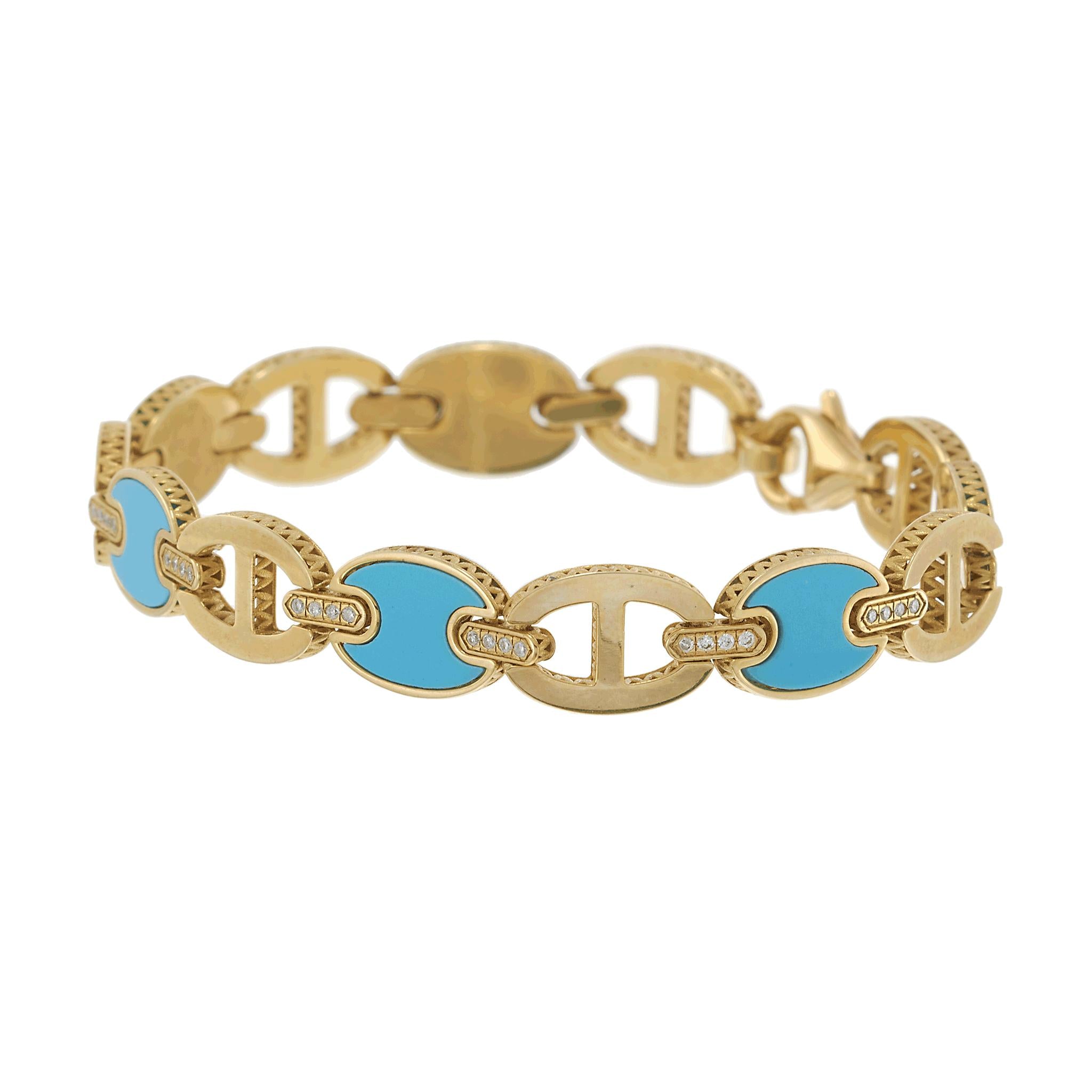 14KT Yellow Gold Turquoise and Diamond Oval Link Bracelet