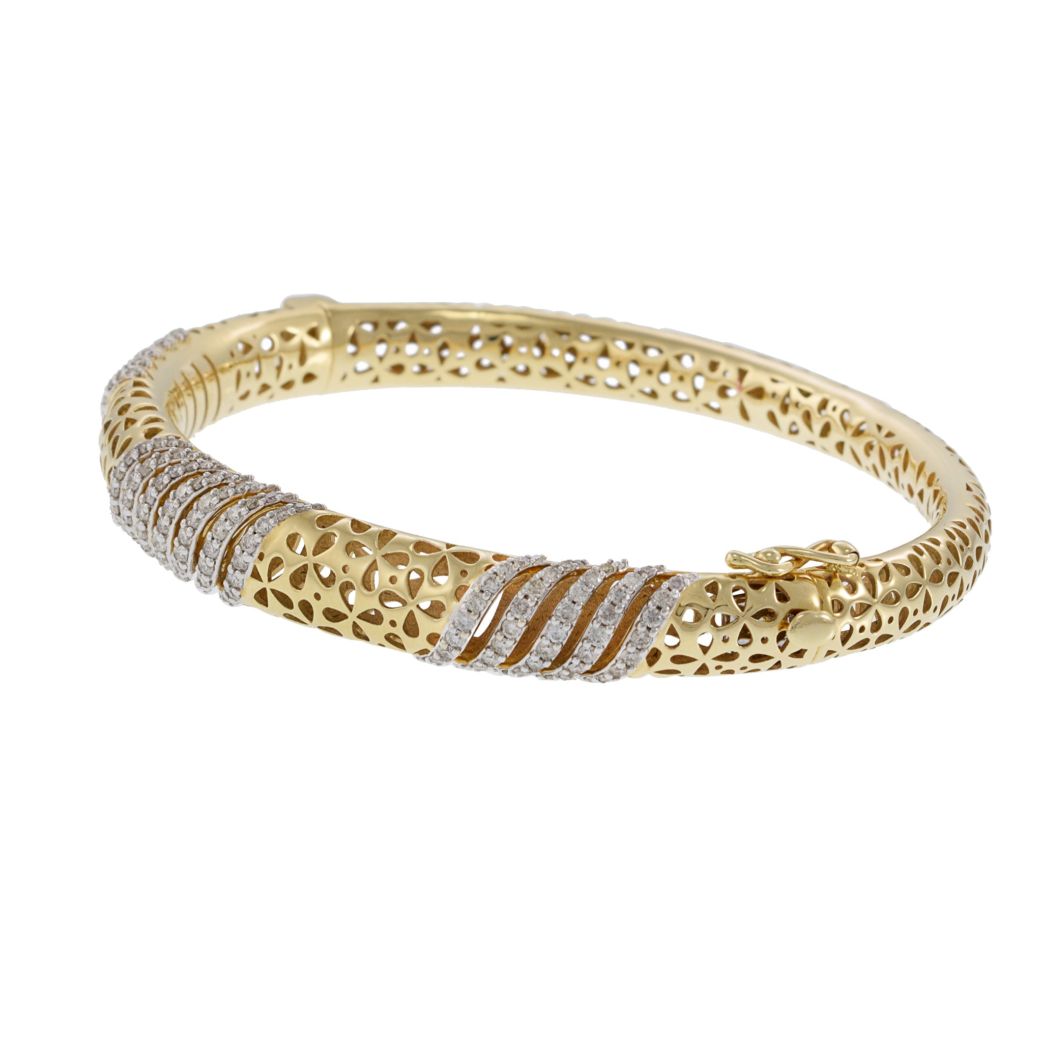 14KT Yellow Gold With Round Cut Diamonds Swirl Design With Eyelet Detailing Bangle