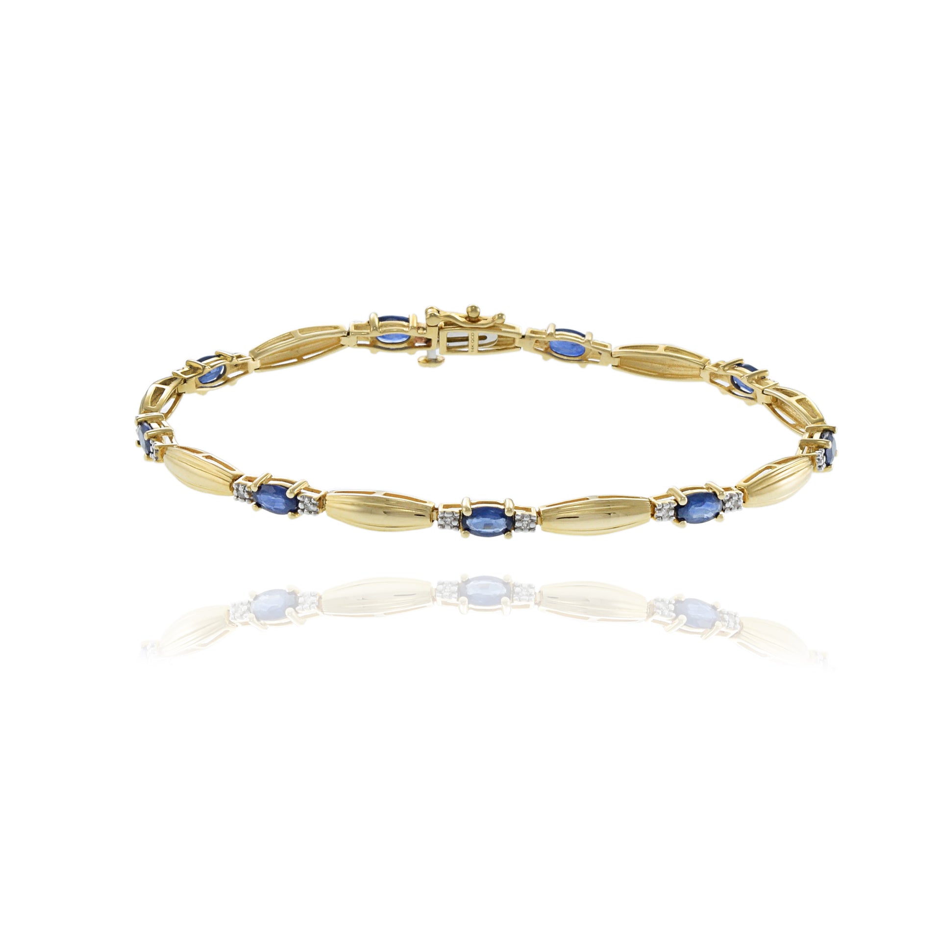 14KT Yellow Gold Bracelet with Round Cut Diamonds and Oval Sapphires