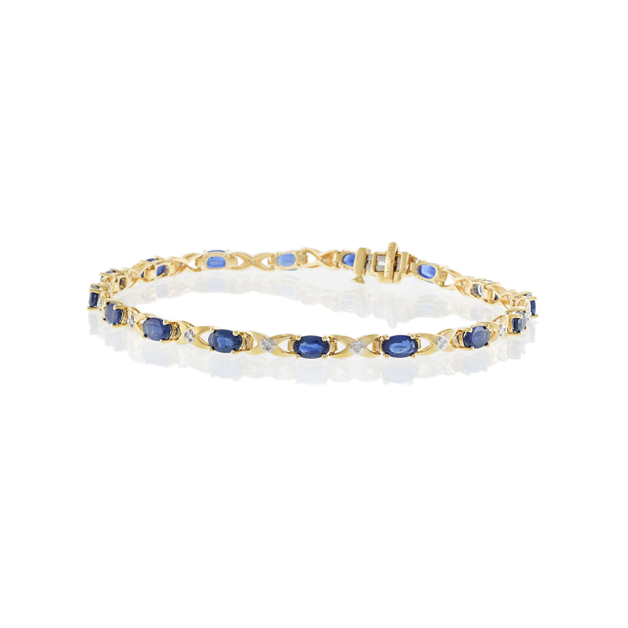 14KT Yellow Gold Bracelet with Round Cut Diamonds and Oval Sapphires