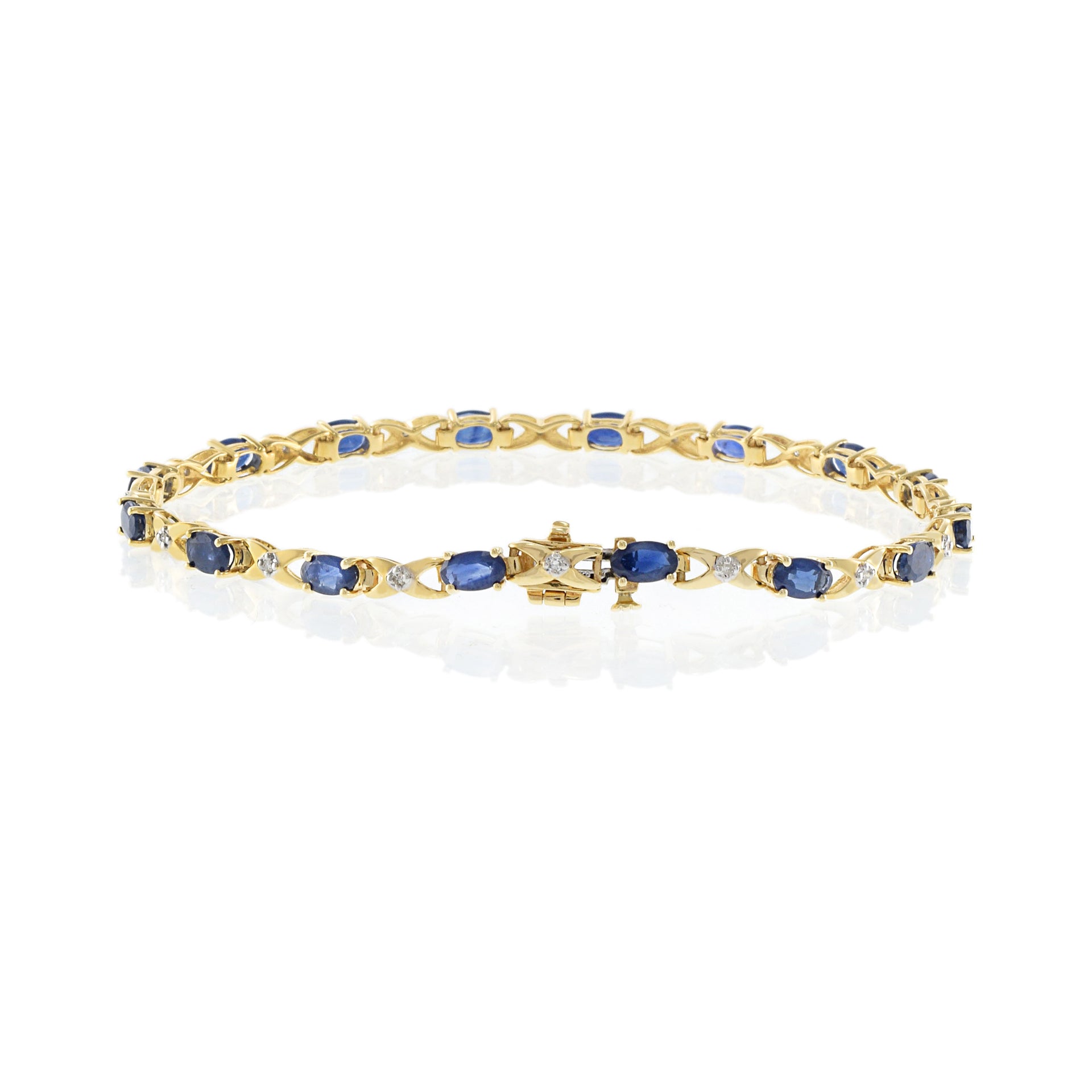 14KT Yellow Gold Bracelet with Round Cut Diamonds and Oval Sapphires